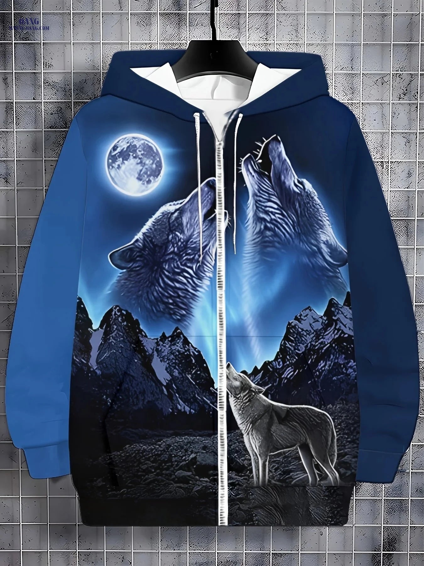 Men's Moon Wolf Hoodie - Zip-Up, Casual Outdoor Wear for Fall   OAXG 