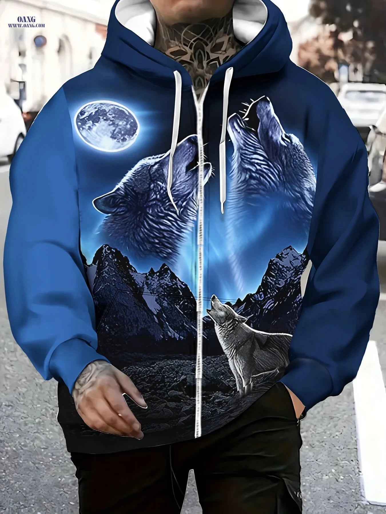 Men's Moon Wolf Hoodie - Zip-Up, Casual Outdoor Wear for Fall   OAXG 
