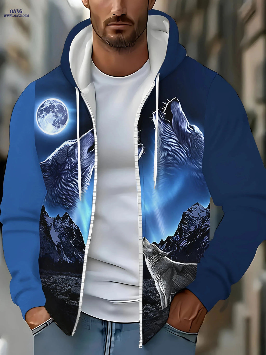Men's Moon Wolf Hoodie - Zip-Up, Casual Outdoor Wear for Fall   OAXG Blue / FR M