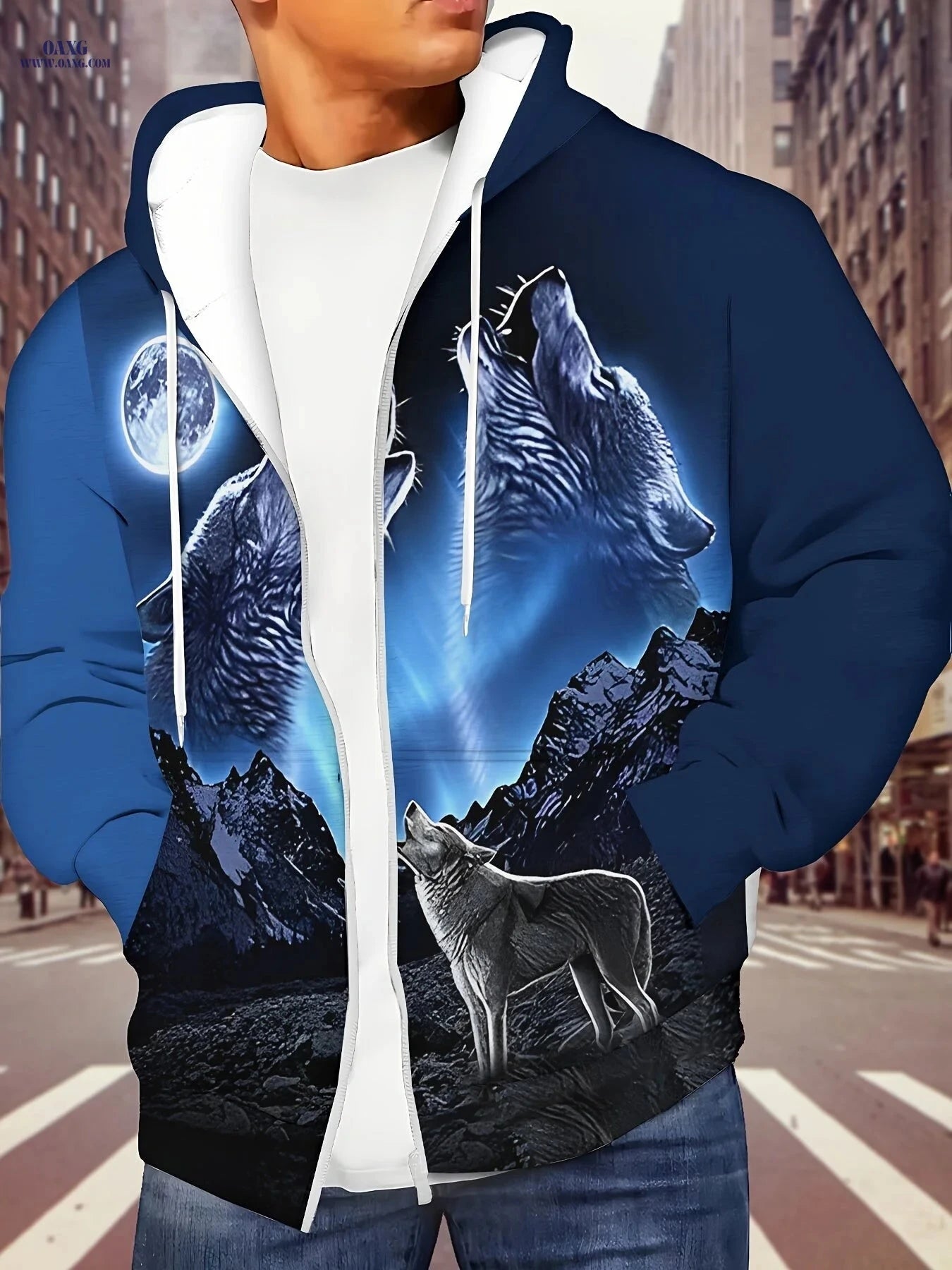 Men's Moon Wolf Hoodie - Zip-Up, Casual Outdoor Wear for Fall   OAXG 
