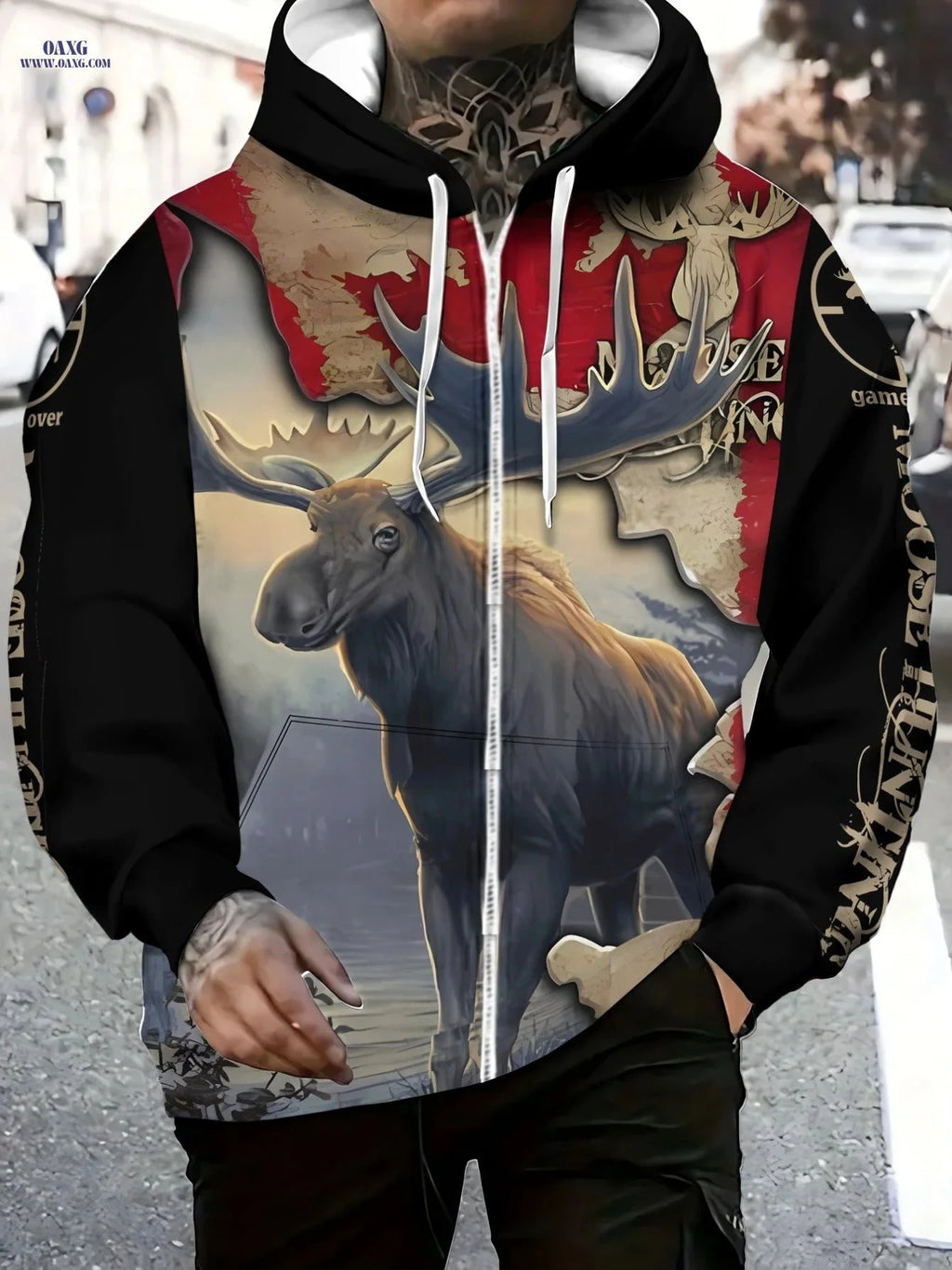Men's Moose Print Zip-Up Sportswear Hoodie - Cozy & Casual Style   OAXG 