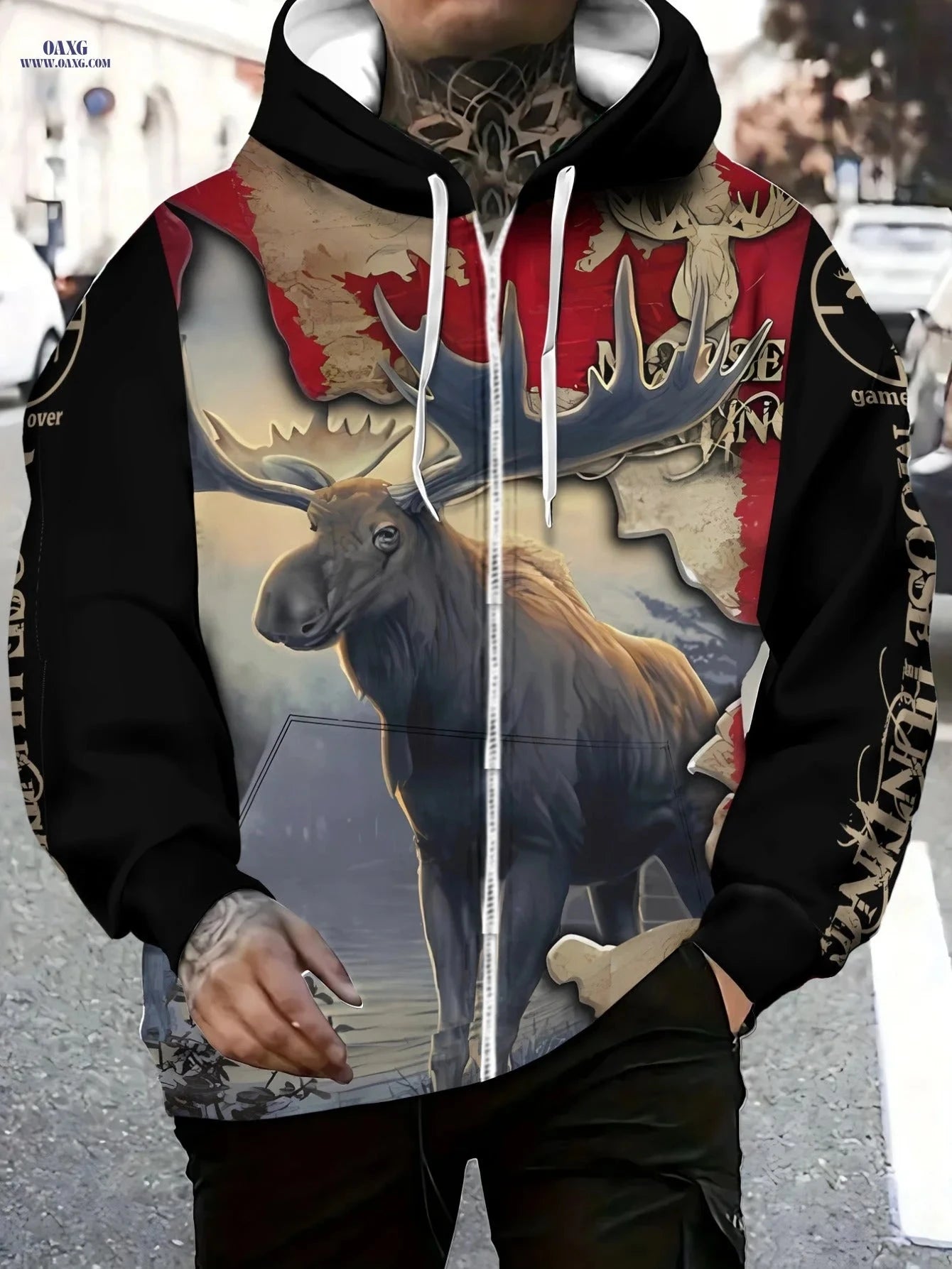 Men's Moose Print Zip-Up Sportswear Hoodie - Cozy & Casual Style   OAXG 
