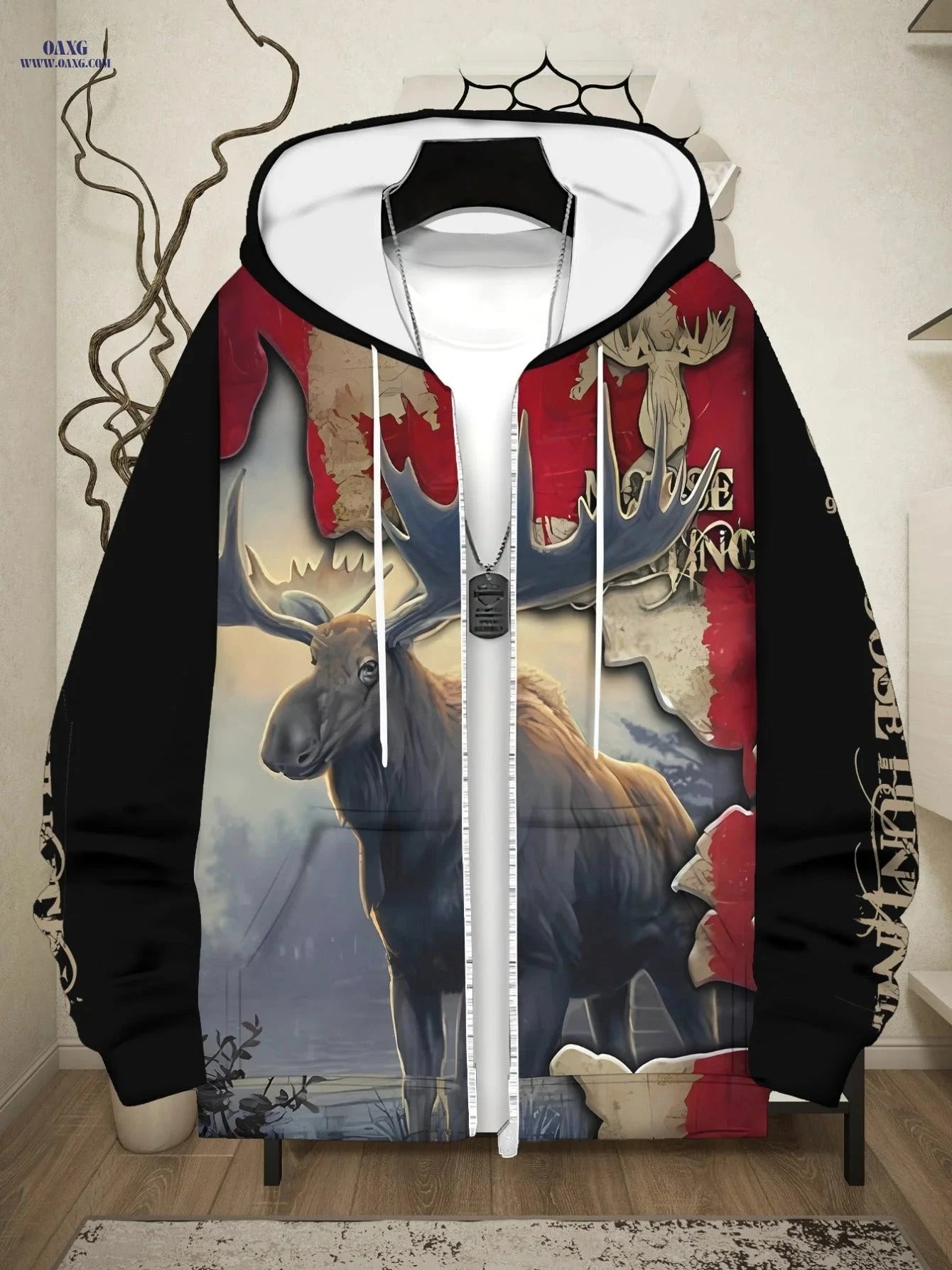 Men's Moose Print Zip-Up Sportswear Hoodie - Cozy & Casual Style   OAXG 
