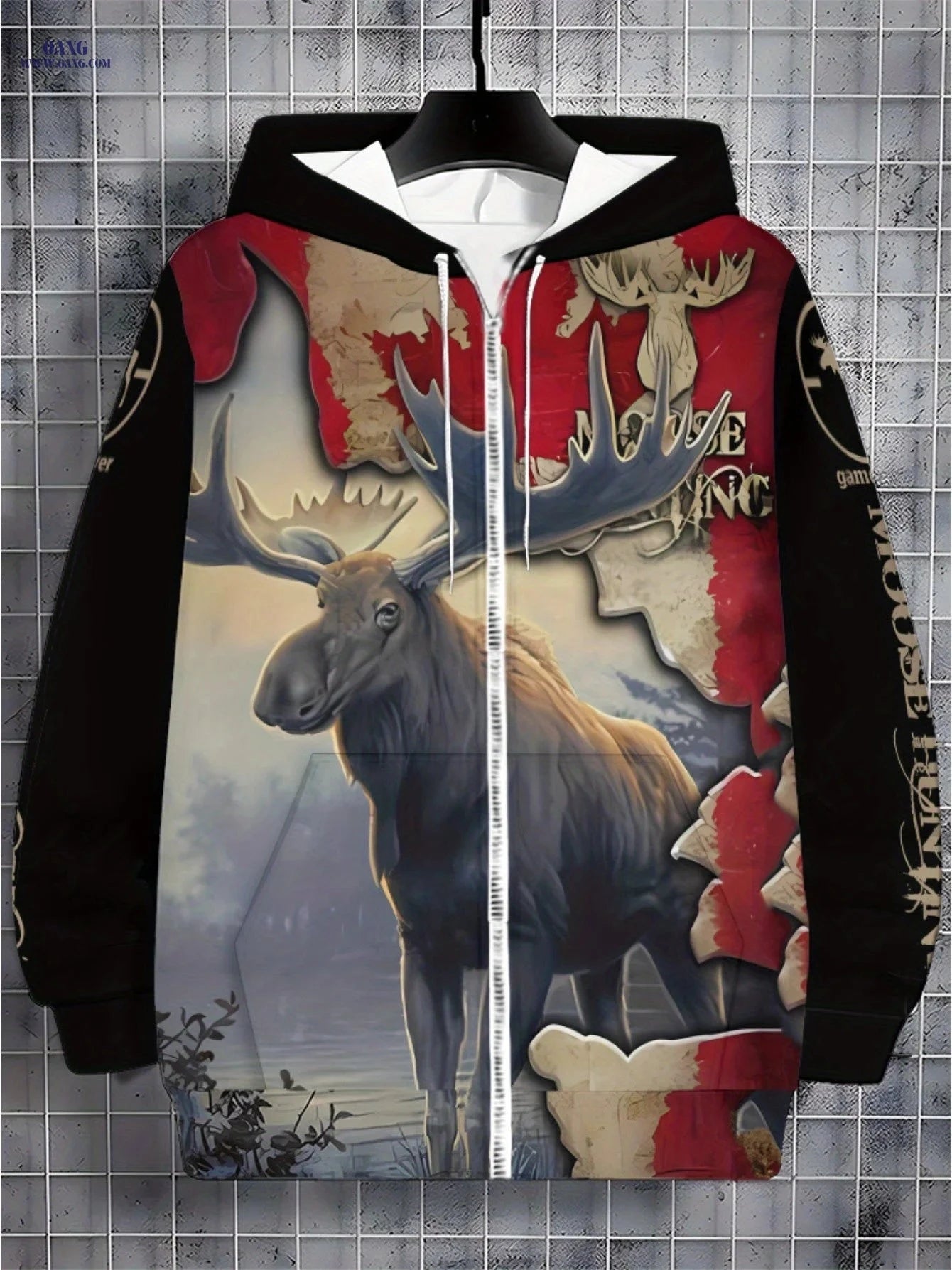 Men's Moose Print Zip-Up Sportswear Hoodie - Cozy & Casual Style   OAXG 