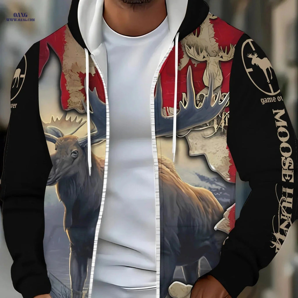 Men's Moose Print Zip-Up Sportswear Hoodie - Cozy & Casual Style   OAXG Multicolor / FR M