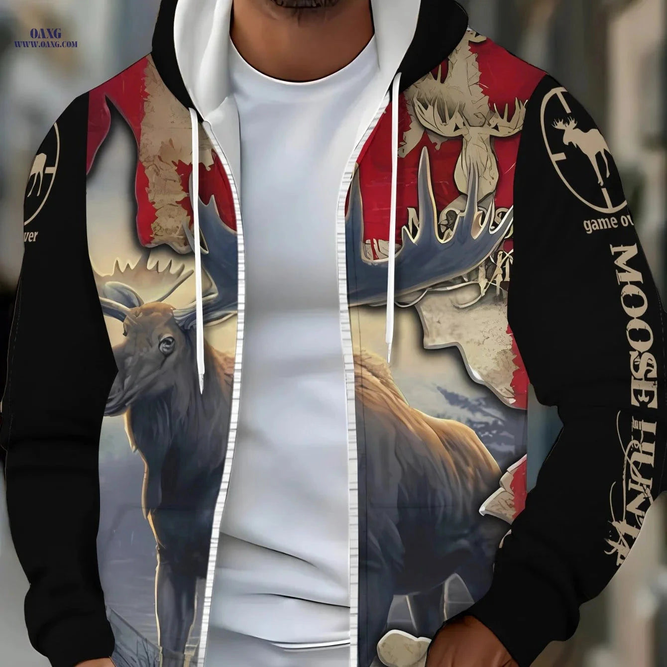 Men's Moose Print Zip-Up Sportswear Hoodie - Cozy & Casual Style   OAXG Multicolor / FR M