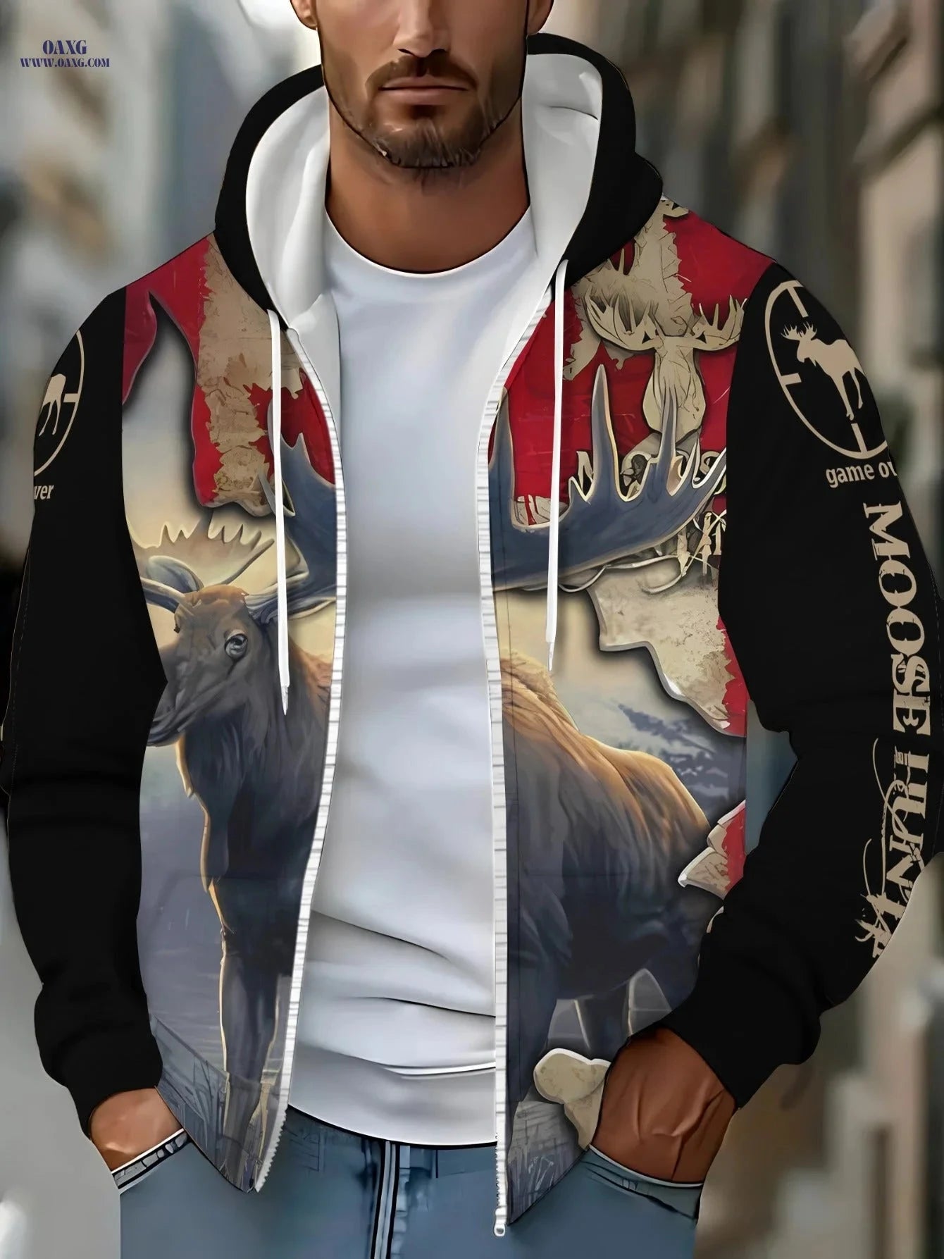 Men's Moose Print Zip-Up Sportswear Hoodie - Cozy & Casual Style   OAXG Multicolor / FR M