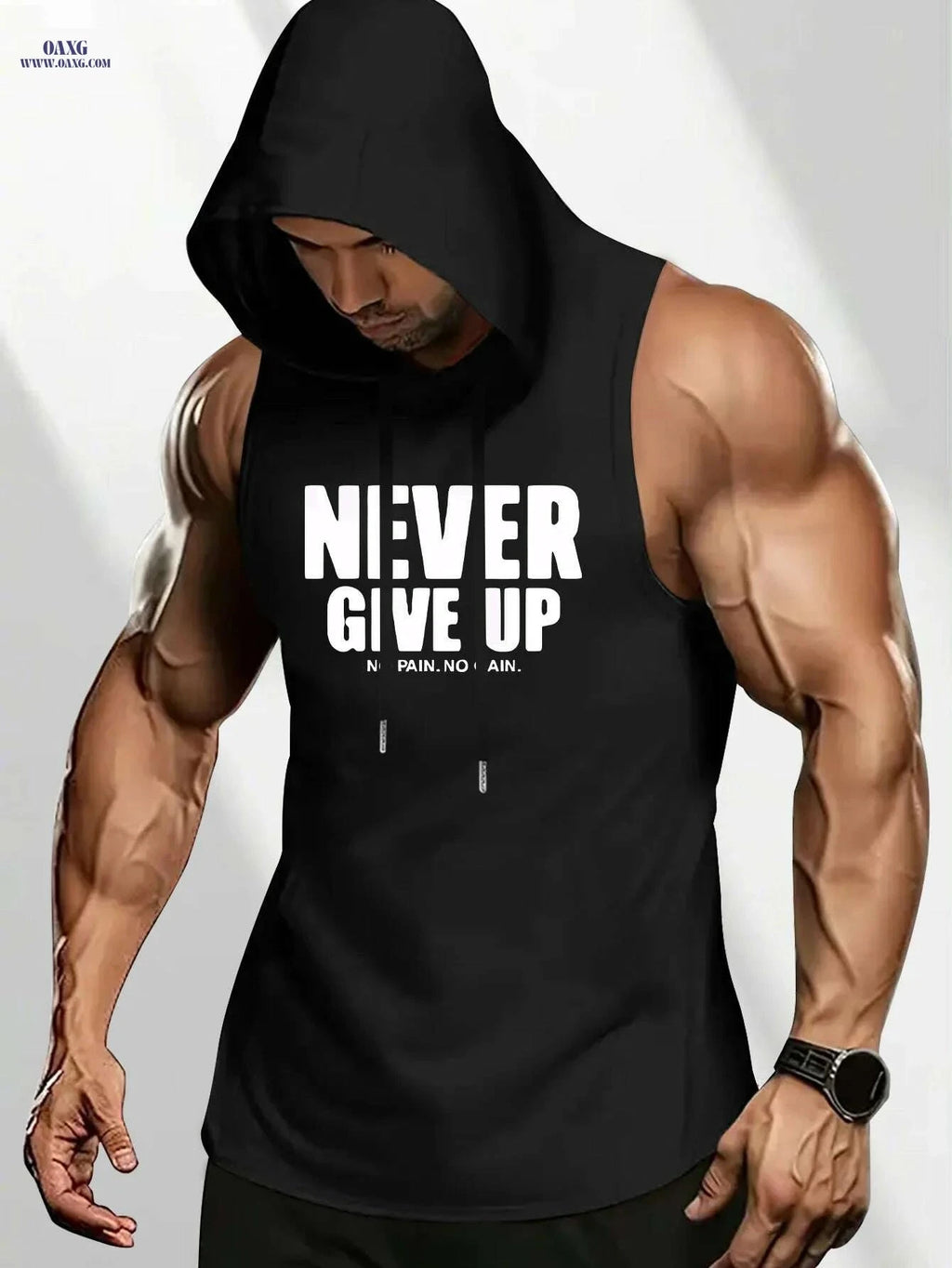Men's Motivational Sleeveless Hoodie - "NEVER GIVE UP" Gym Top   OAXG 