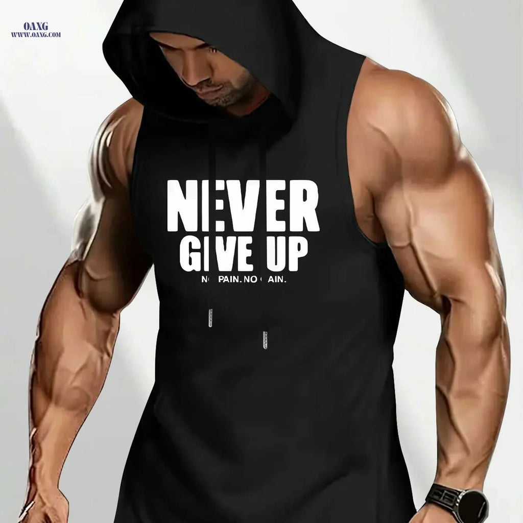 Men's Motivational Sleeveless Hoodie - "NEVER GIVE UP" Gym Top   OAXG 