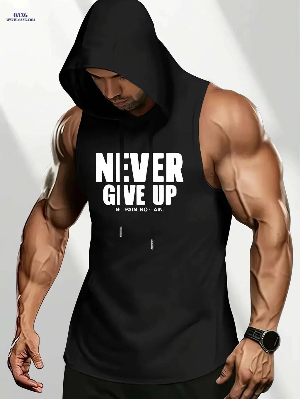 Men's Motivational Sleeveless Hoodie - "NEVER GIVE UP" Gym Top   OAXG 