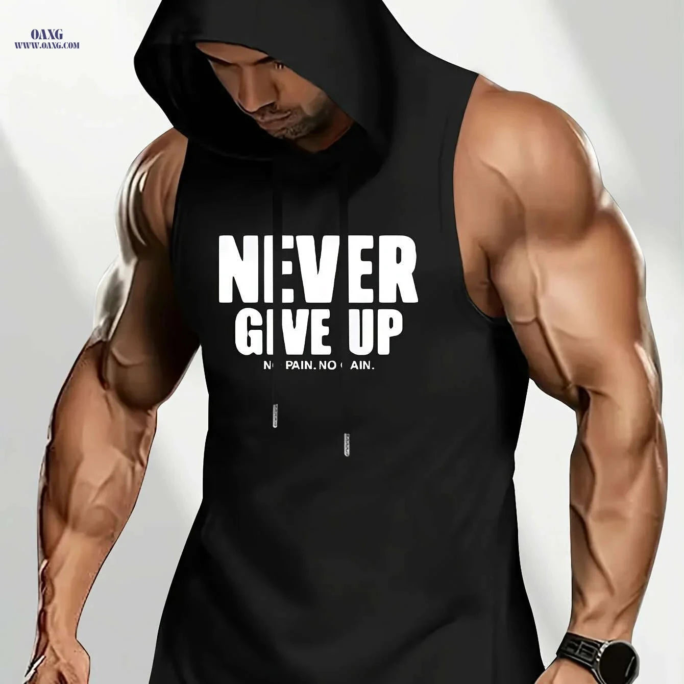 Men's Motivational Sleeveless Hoodie - "NEVER GIVE UP" Gym Top   OAXG Black / S