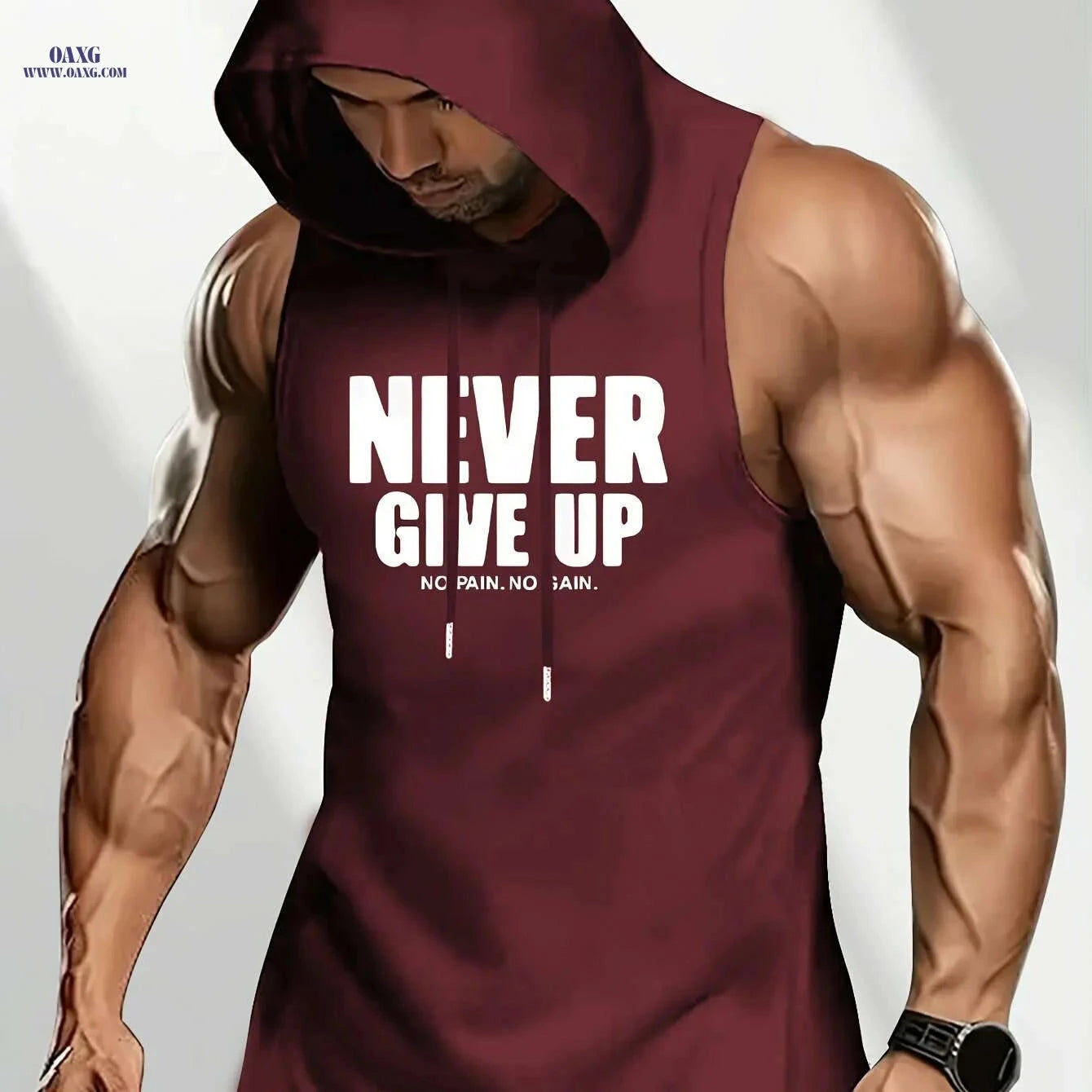 Men's Motivational Sleeveless Hoodie - "NEVER GIVE UP" Gym Top   OAXG Black / S