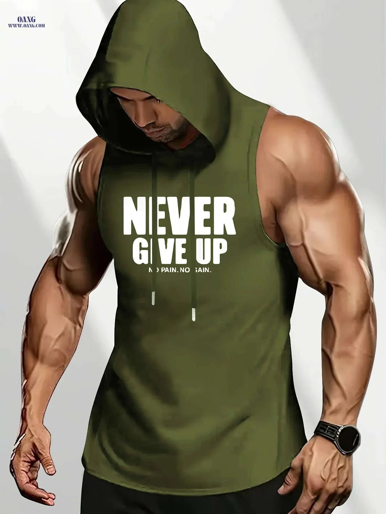 Men's Motivational Sleeveless Hoodie - "NEVER GIVE UP" Gym Top   OAXG Black / S