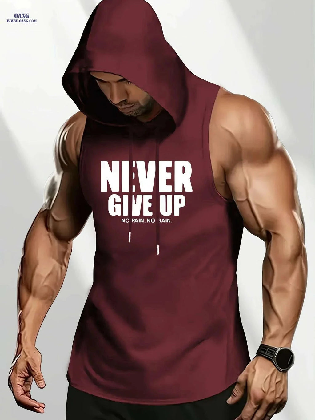 Men's Motivational Sleeveless Hoodie - "NEVER GIVE UP" Gym Top   OAXG 