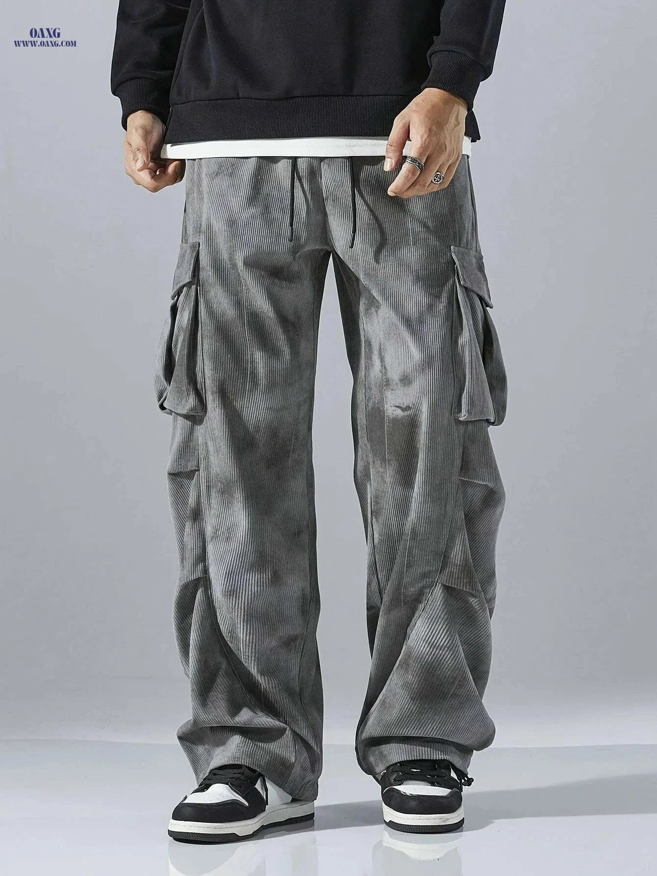 Men's Multi-Pocket Cargo Pants - Durable Polyester with Casual Fit   OAXG Grey / M