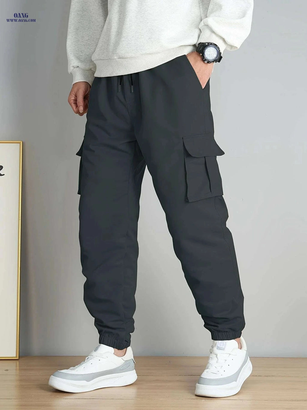 Men's Multi-Pocket Drawstring Cargo Pants - Casual Spring/Fall Style   OAXG Black / XS