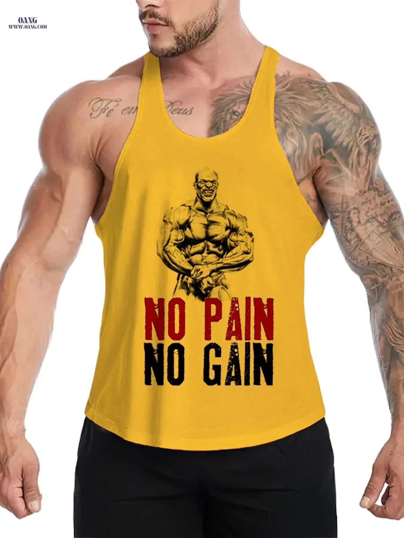Men's Muscle Graphic Top - Sleeveless Gym Shirt, No Pain No Gain   OAXG Black / M