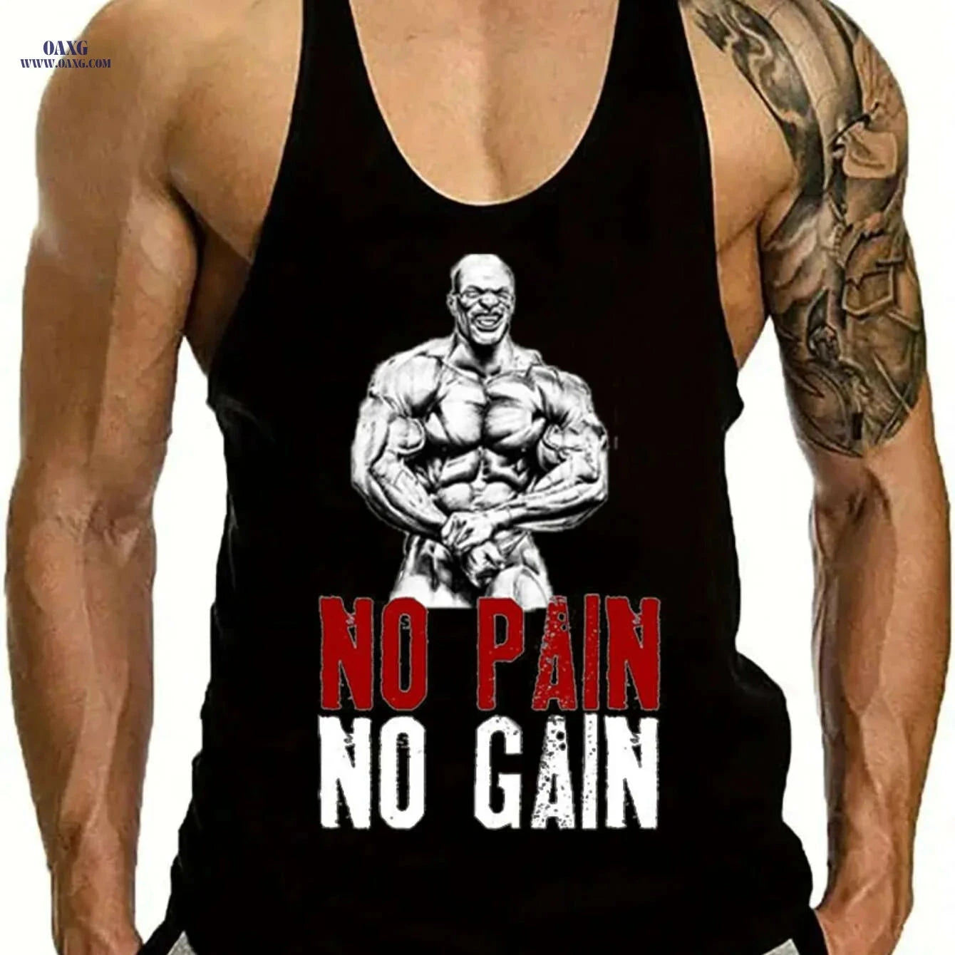 Men's Muscle Graphic Top - Sleeveless Gym Shirt, No Pain No Gain   OAXG Black / M