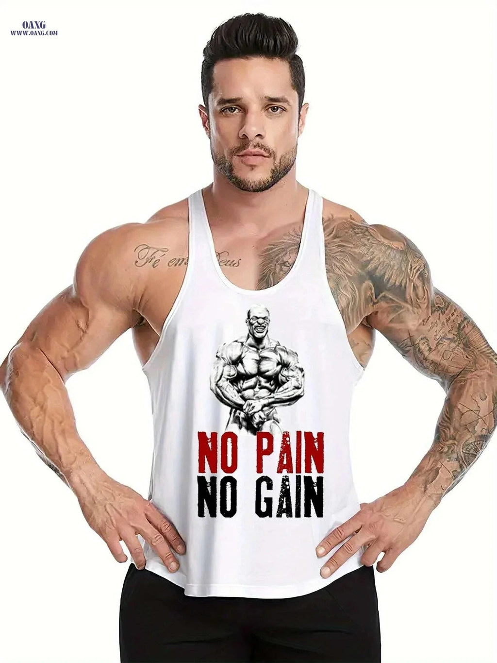 Men's Muscle Graphic Top - Sleeveless Gym Shirt, No Pain No Gain   OAXG Black / M