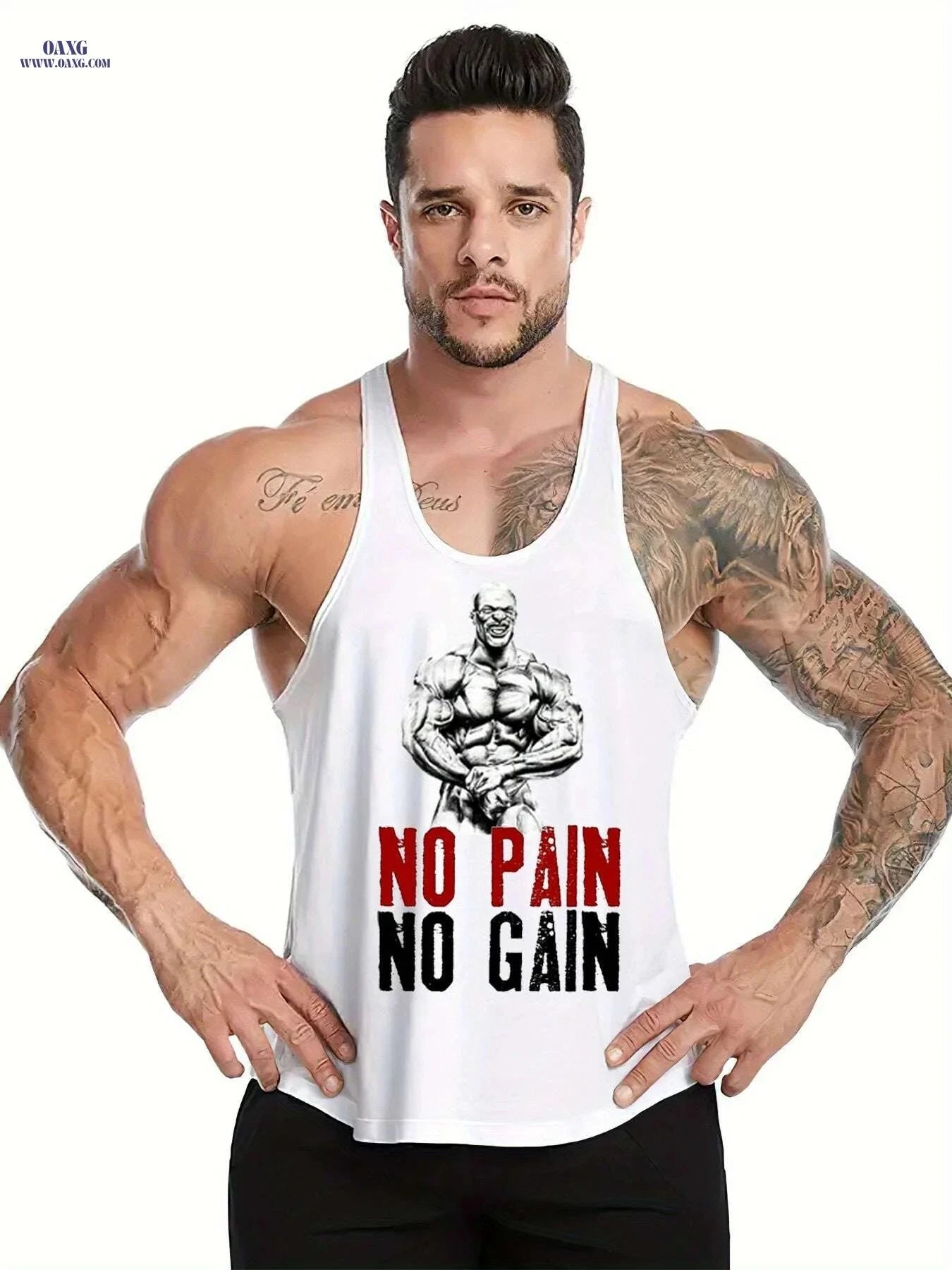 Men's Muscle Graphic Top - Sleeveless Gym Shirt, No Pain No Gain   OAXG Black / M