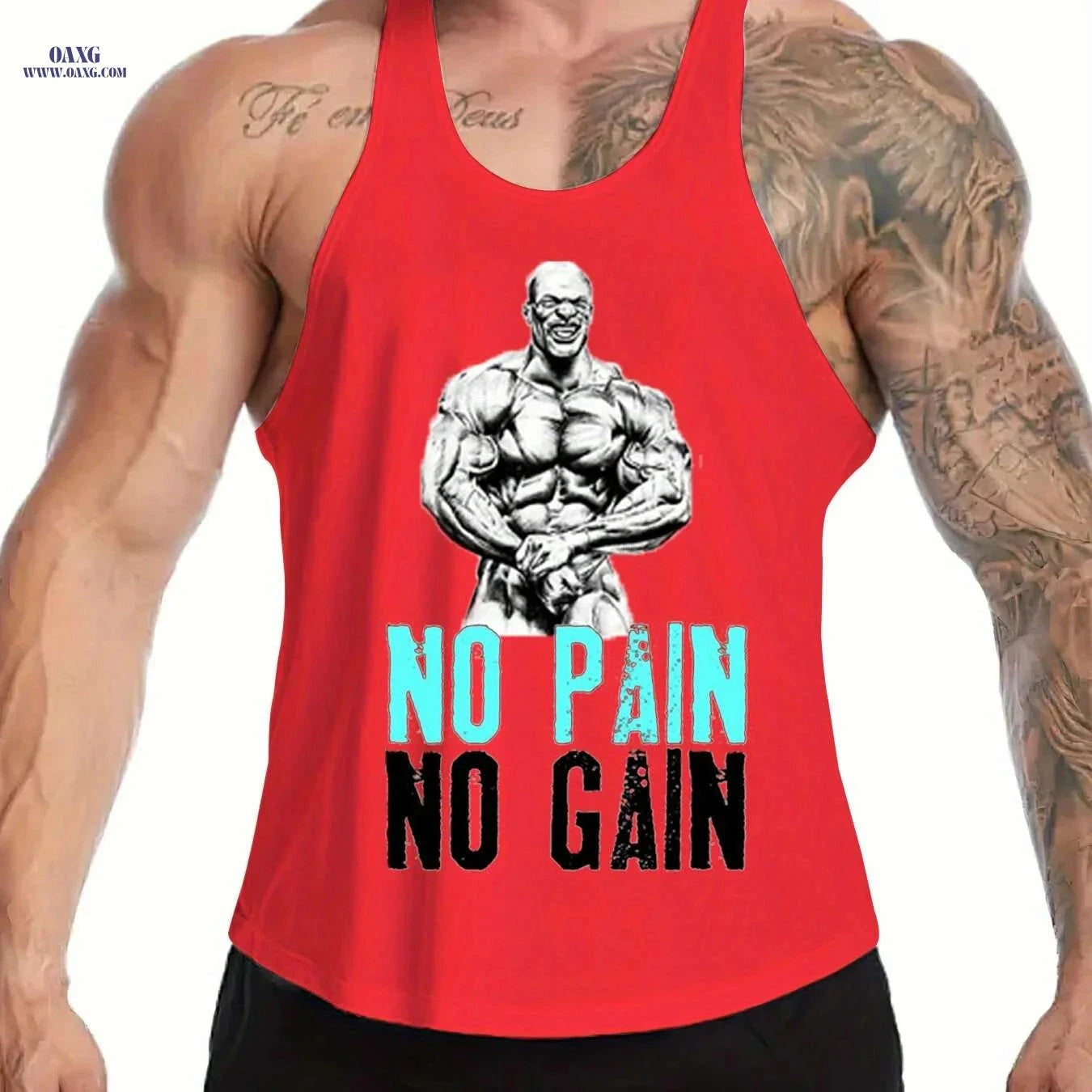 Men's Muscle Graphic Top - Sleeveless Gym Shirt, No Pain No Gain   OAXG Black / M