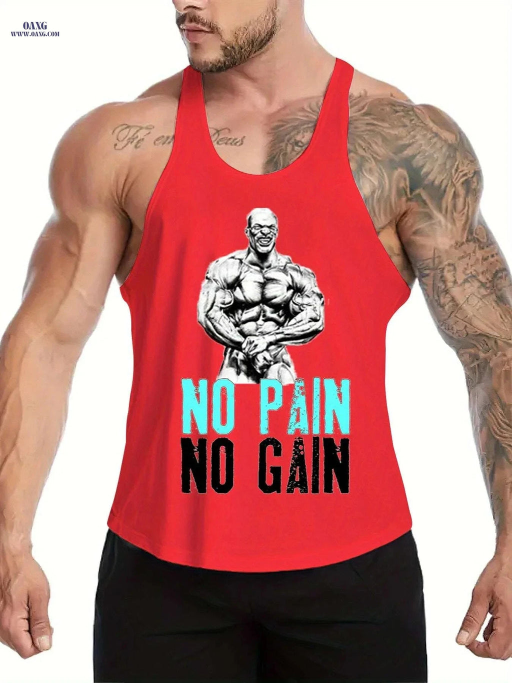 Men's Muscle Graphic Top - Sleeveless Gym Shirt, No Pain No Gain   OAXG Black / M
