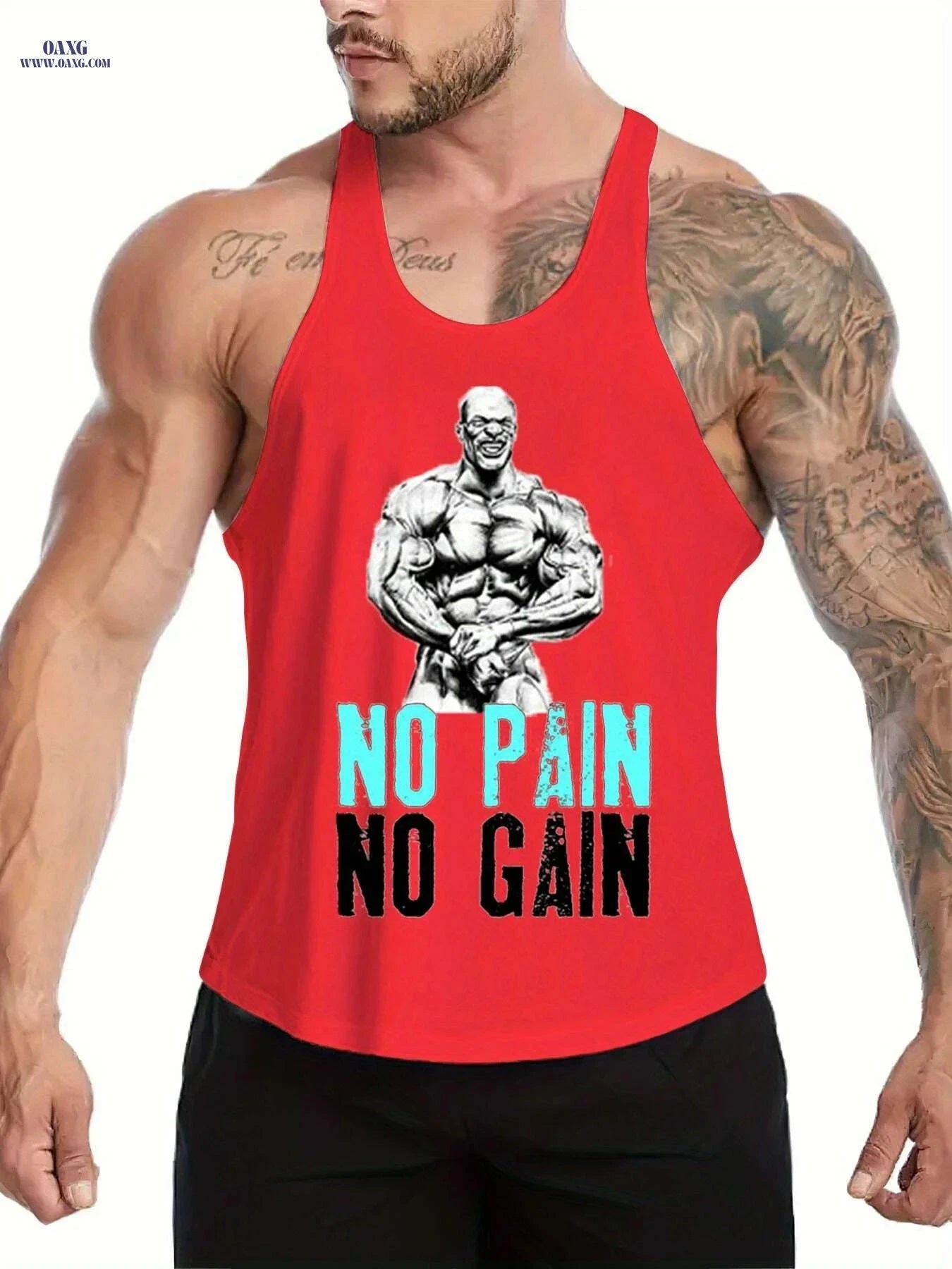 Men's Muscle Graphic Top - Sleeveless Gym Shirt, No Pain No Gain   OAXG Black / M