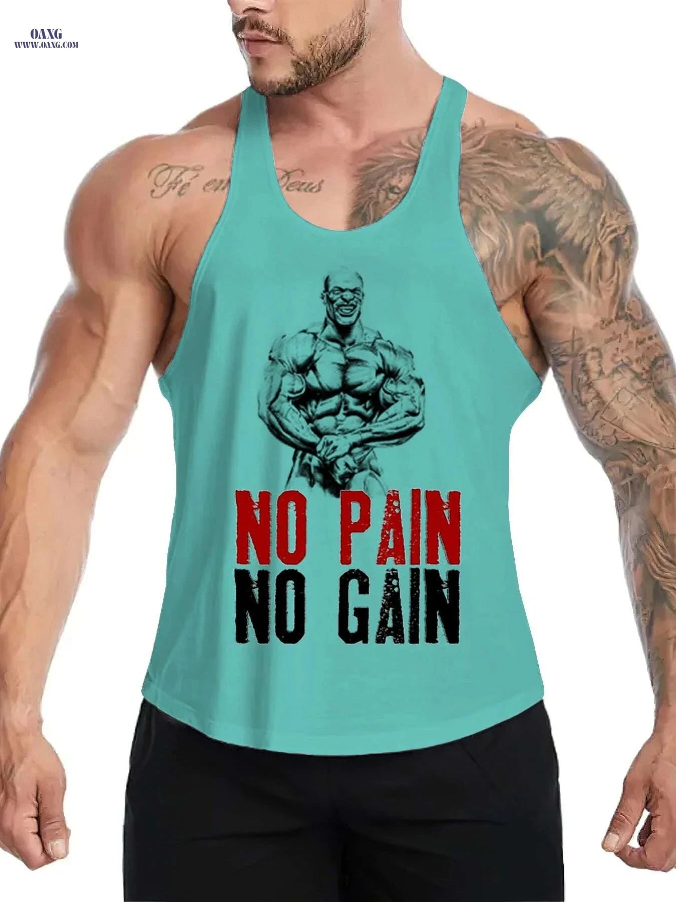 Men's Muscle Graphic Top - Sleeveless Gym Shirt, No Pain No Gain   OAXG Black / M