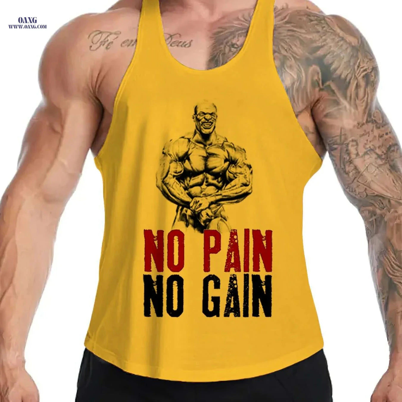 Men's Muscle Graphic Top - Sleeveless Gym Shirt, No Pain No Gain   OAXG 