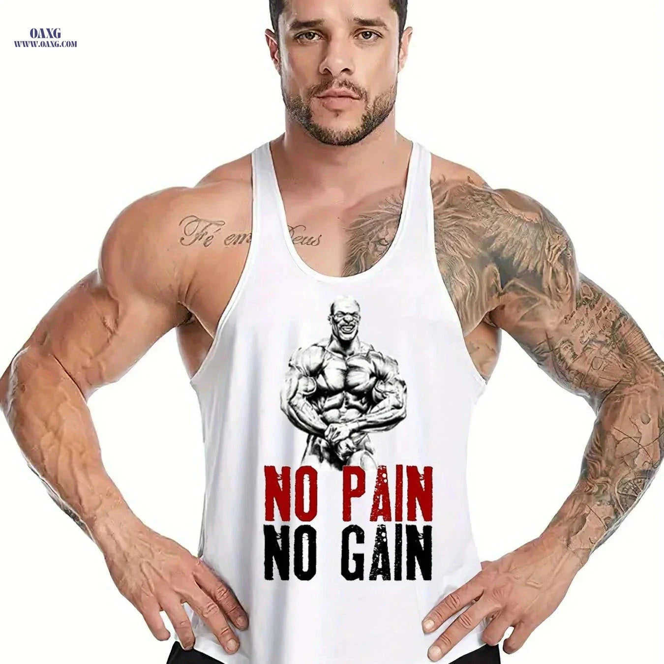 Men's Muscle Graphic Top - Sleeveless Gym Shirt, No Pain No Gain   OAXG 