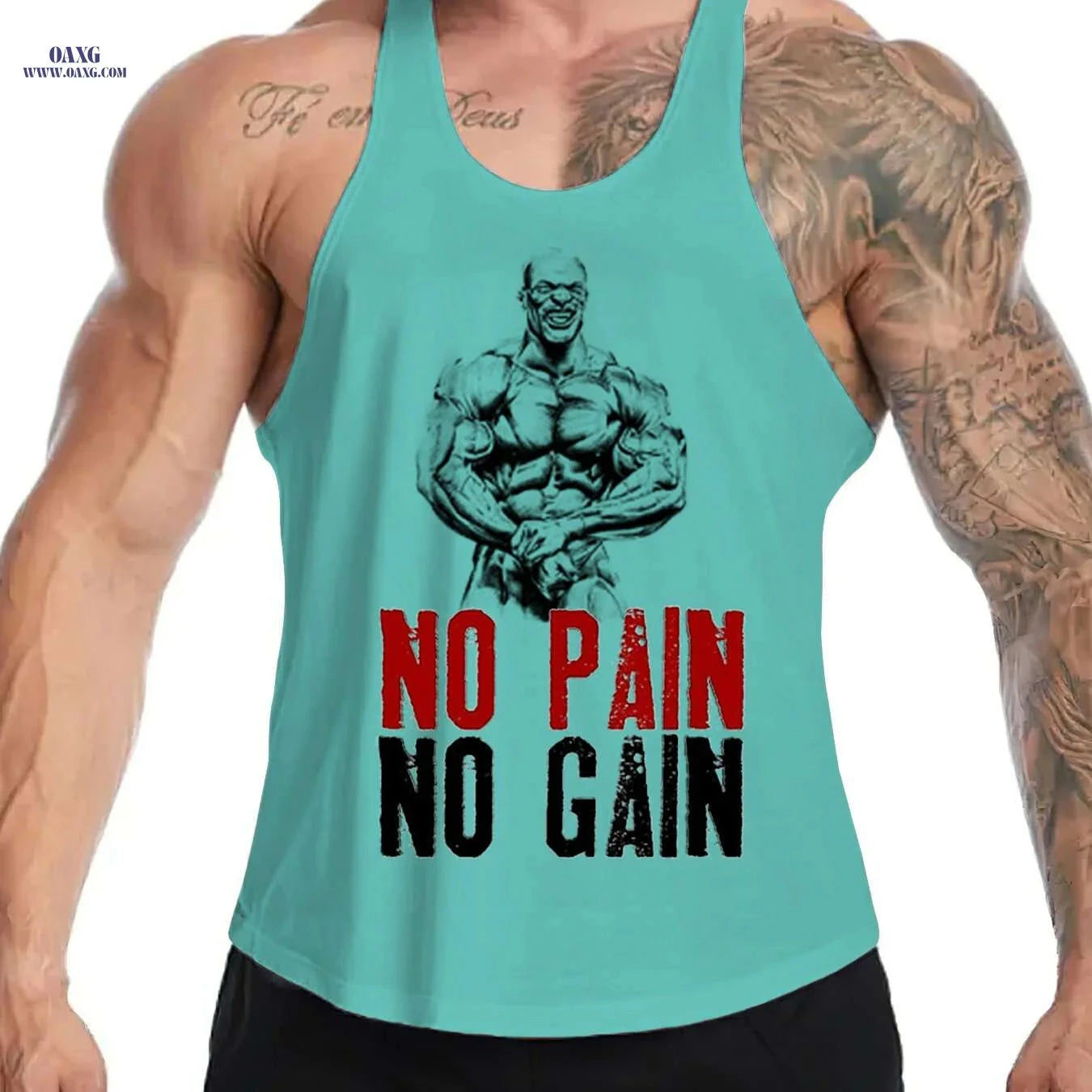 Men's Muscle Graphic Top - Sleeveless Gym Shirt, No Pain No Gain   OAXG 