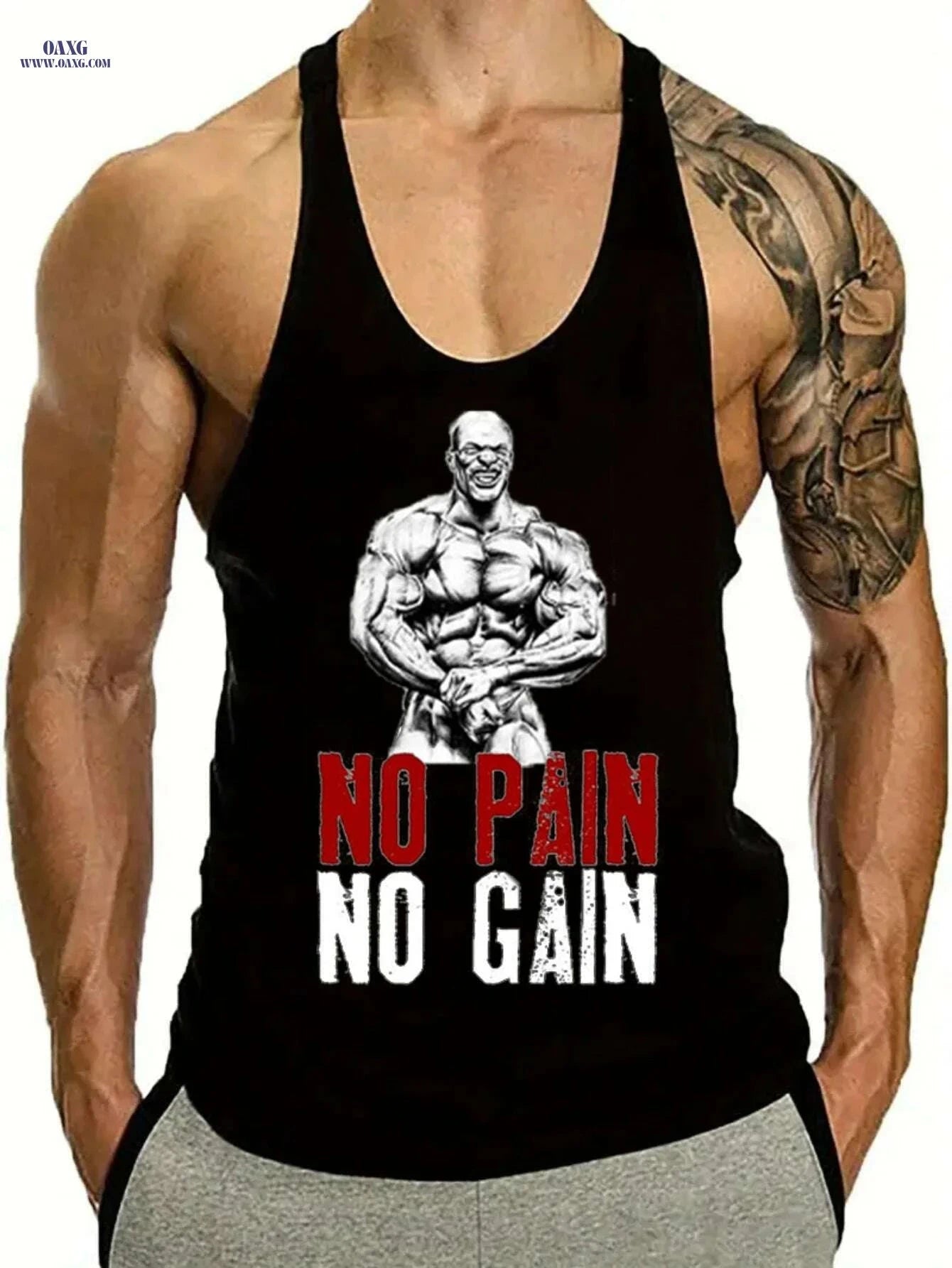 Men's Muscle Graphic Top - Sleeveless Gym Shirt, No Pain No Gain   OAXG 