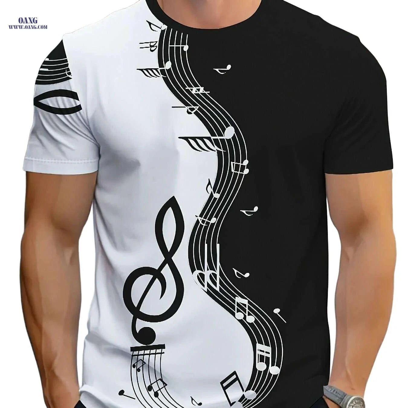 Men's Music Note Graphic Tee - Casual Polyester Summer T-Shirt   OAXG 