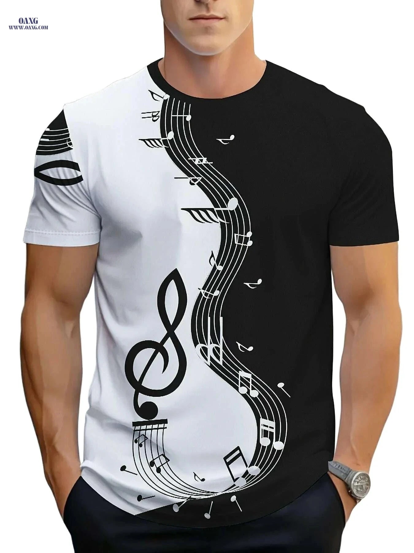 Men's Music Note Graphic Tee - Casual Polyester Summer T-Shirt   OAXG 