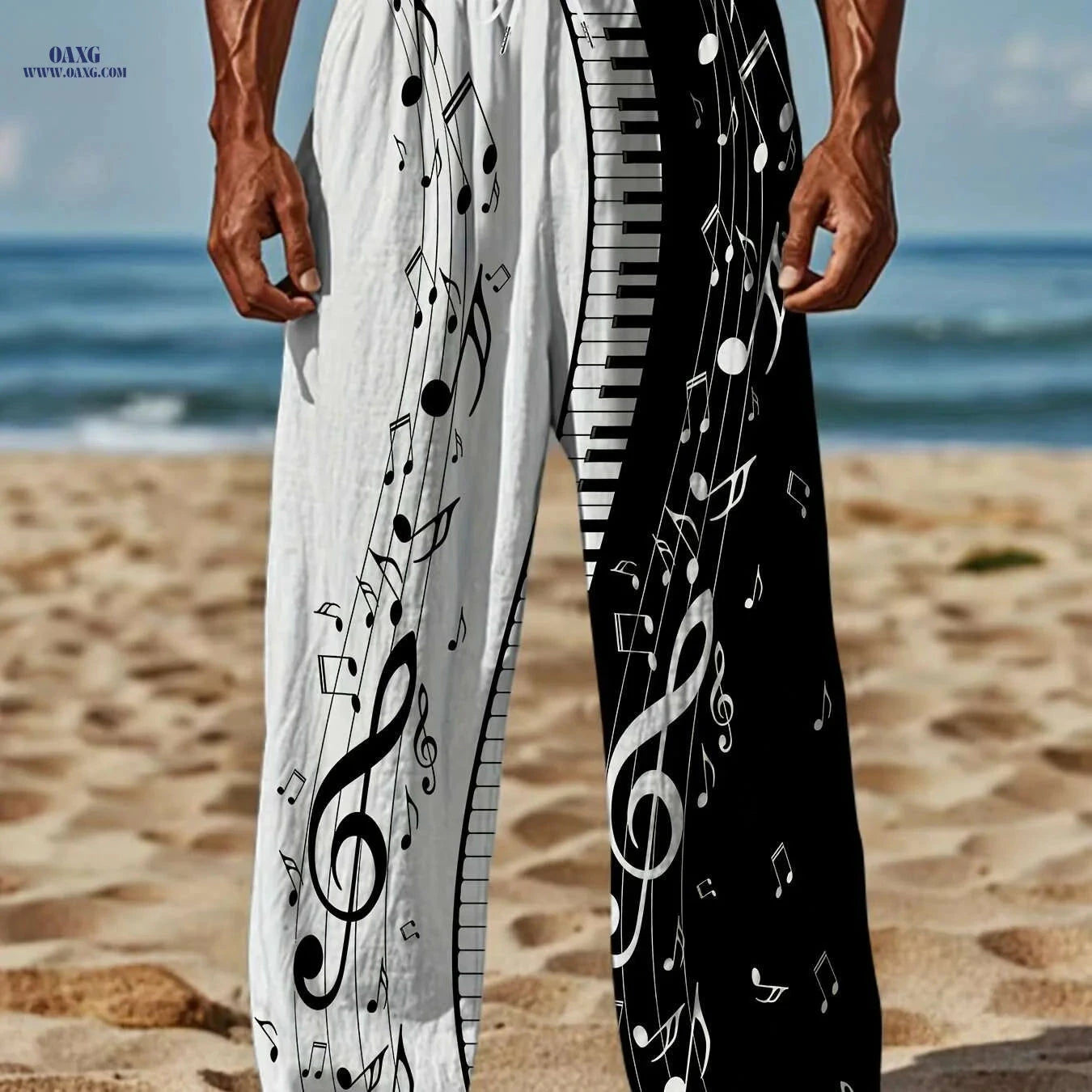 Men's Music Notes Print Pants - Drawstring Casual Summer Style   OAXG Black / M
