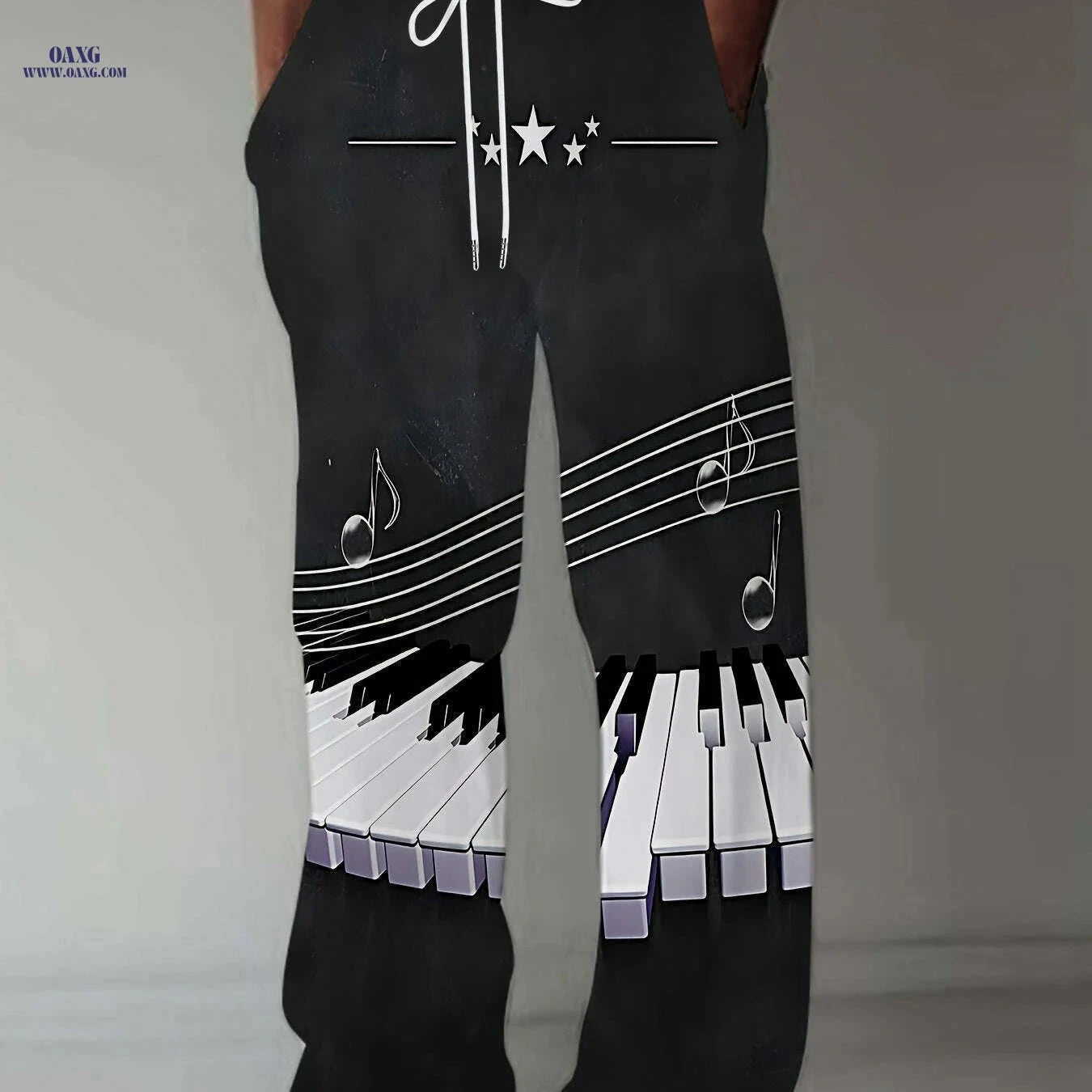 Men's Music Notes Print Pants - Drawstring Casual Summer Style   OAXG Black / M