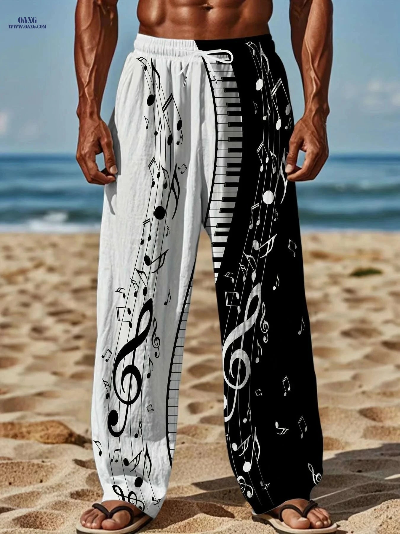 Men's Music Notes Print Pants - Drawstring Casual Summer Style   OAXG Black / M