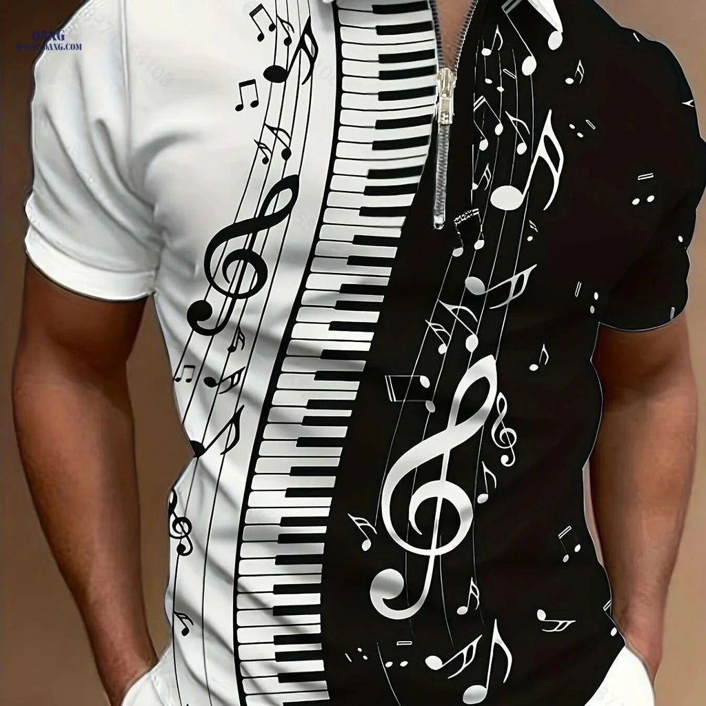 Men's Music-Themed Casual Shirt - Short Sleeve, Zipper Detail for Parties   OAXG 
