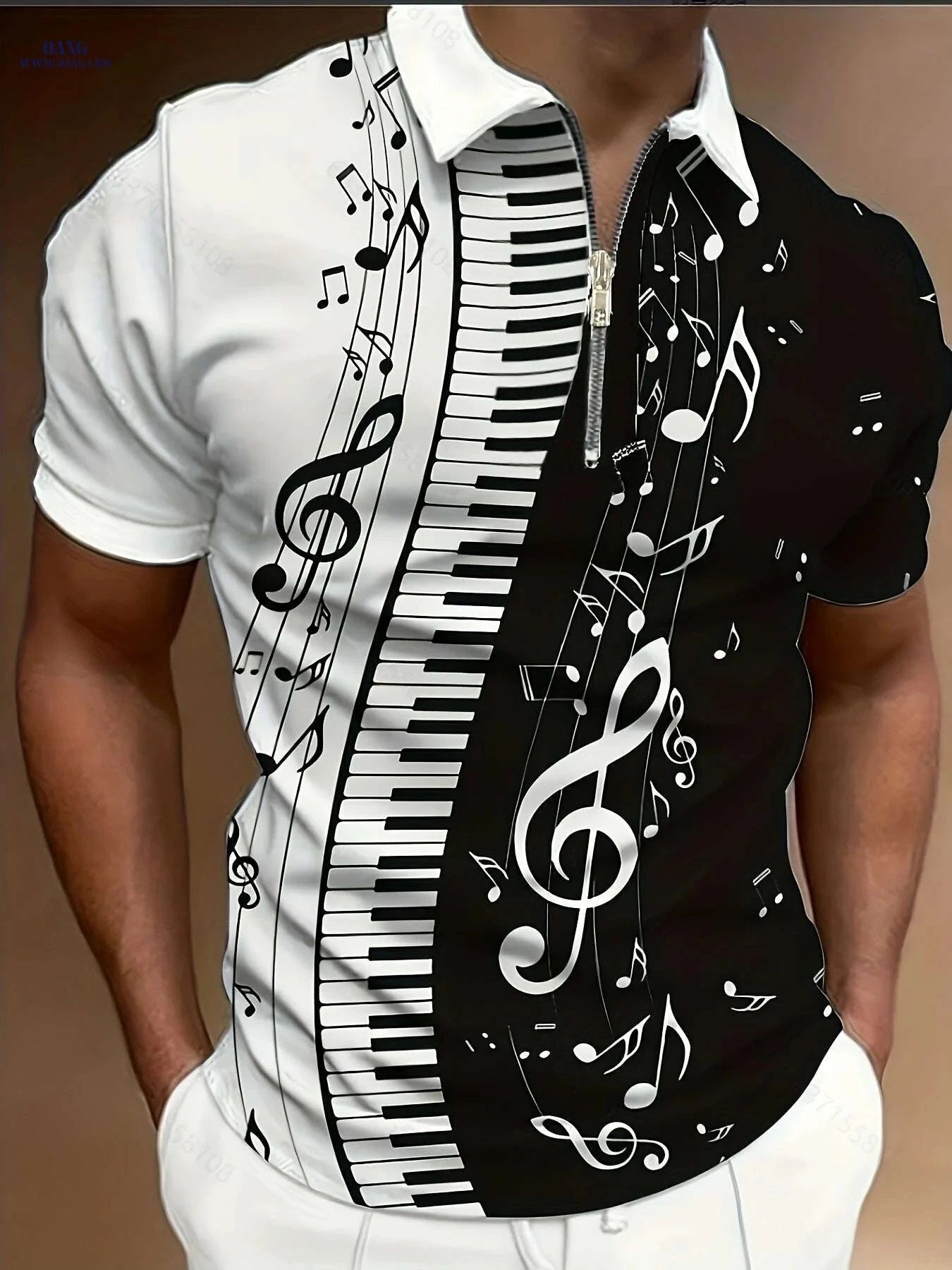 Men's Music-Themed Casual Shirt - Short Sleeve, Zipper Detail for Parties   OAXG Multicolor / M