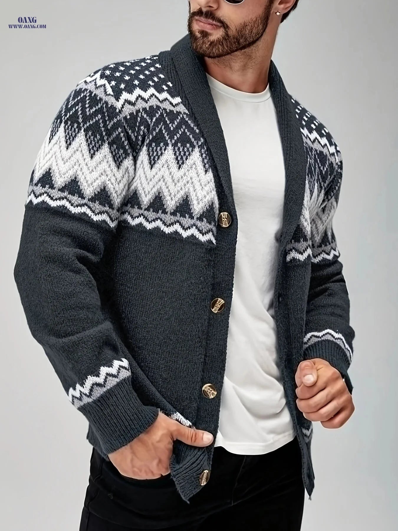 Men's Navy Blue Geometric Cardigan Sweater - Button-Up & Machine Washable   OAXG 