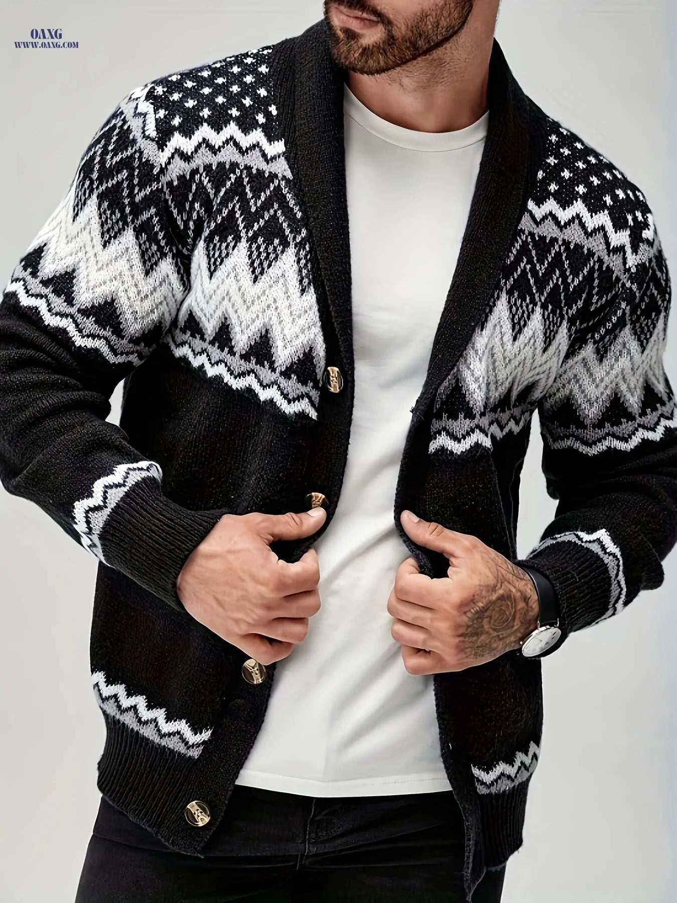 Men's Navy Blue Geometric Cardigan Sweater - Button-Up & Machine Washable   OAXG 