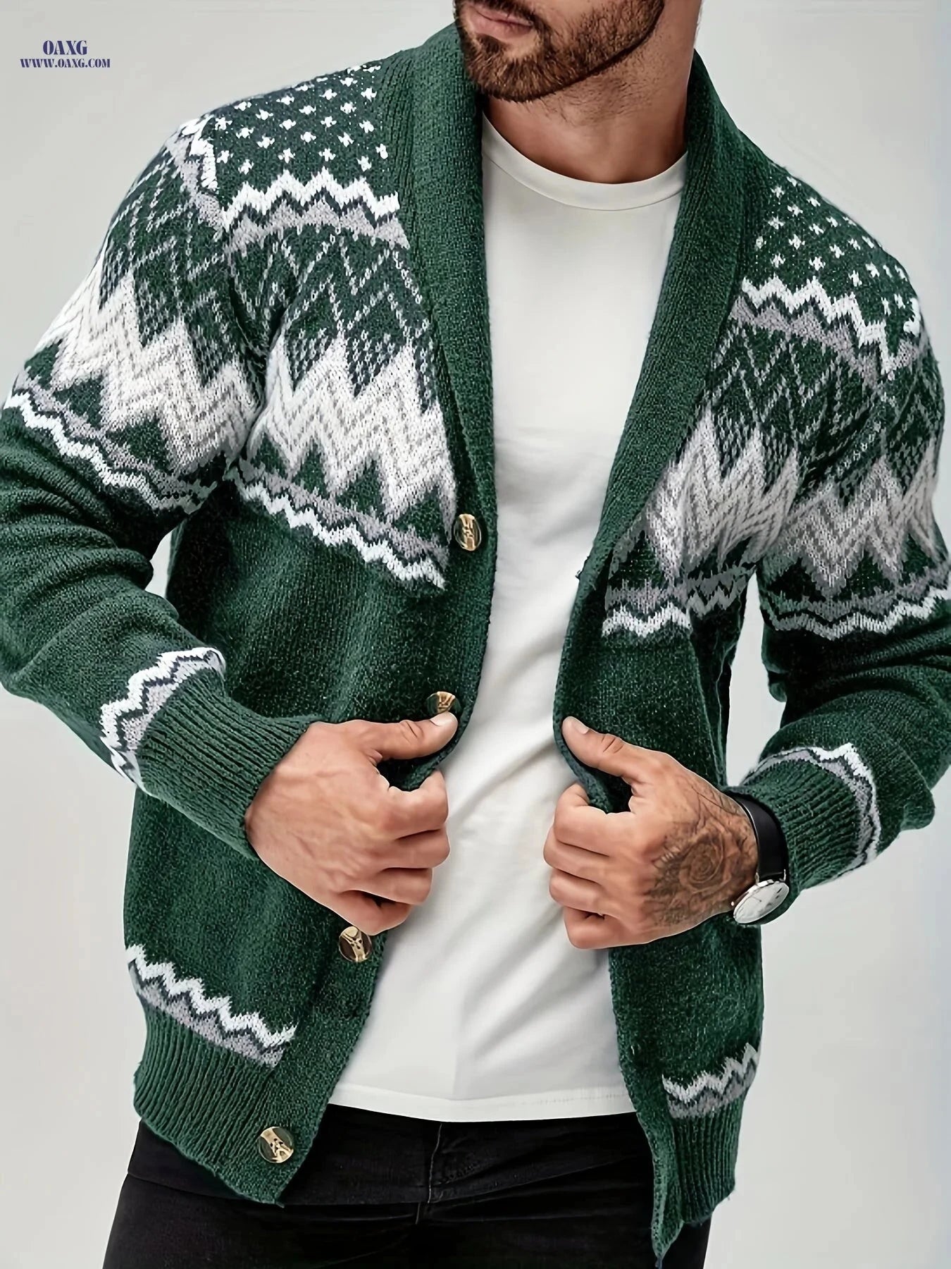 Men's Navy Blue Geometric Cardigan Sweater - Button-Up & Machine Washable   OAXG Blue / FR S
