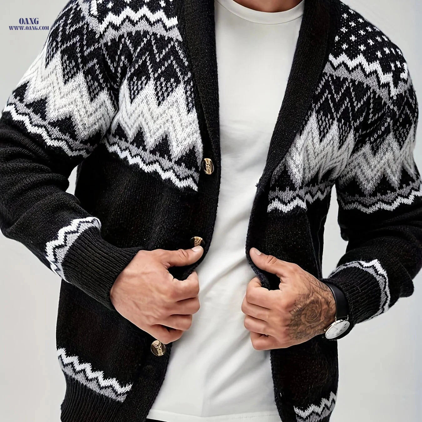 Men's Navy Blue Geometric Cardigan Sweater - Button-Up & Machine Washable   OAXG Blue / FR S