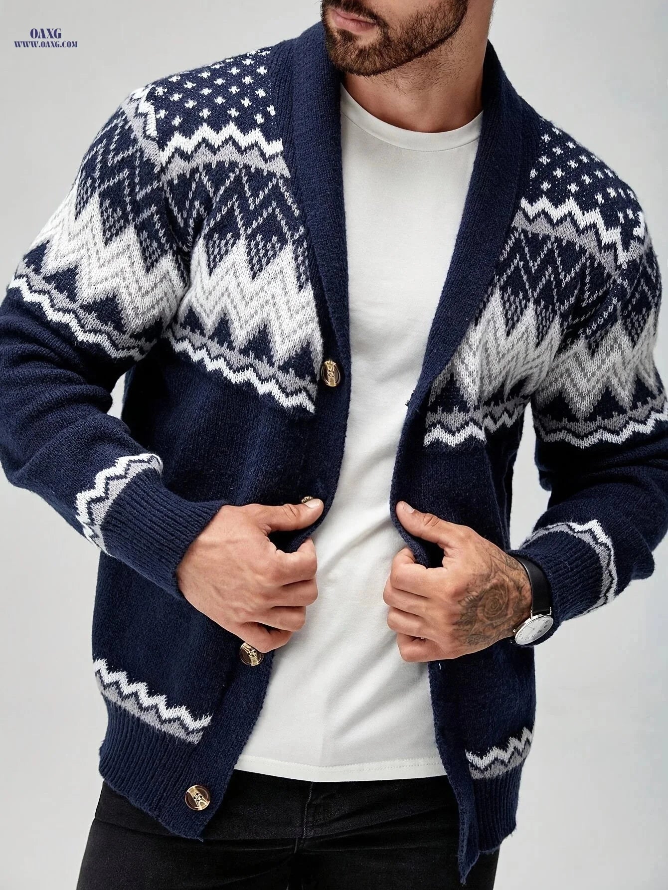 Men's Navy Blue Geometric Cardigan Sweater - Button-Up & Machine Washable   OAXG 