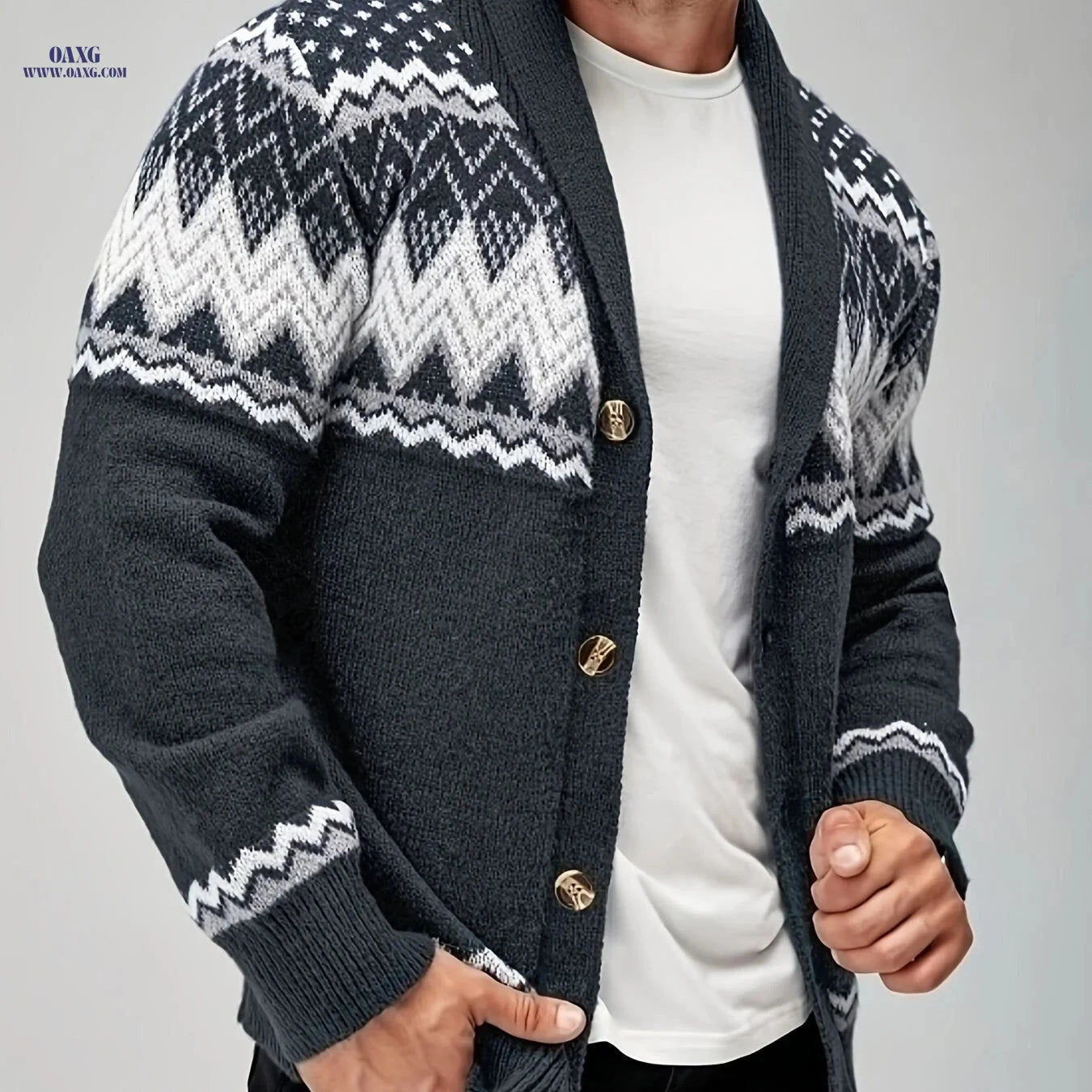 Men's Navy Blue Geometric Cardigan Sweater - Button-Up & Machine Washable   OAXG 