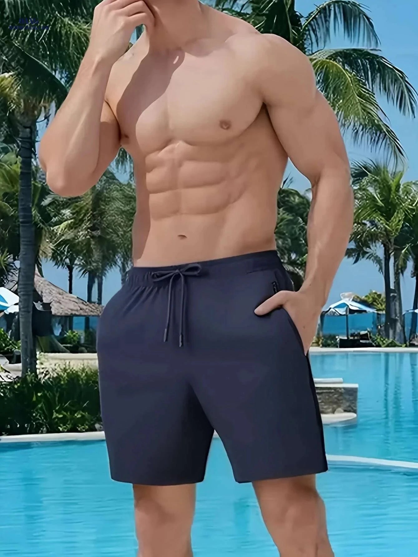 Men's Navy Blue Summer Shorts - Loose-Fit, Elastic Waist Drawstring   OAXG Coffee color / XS