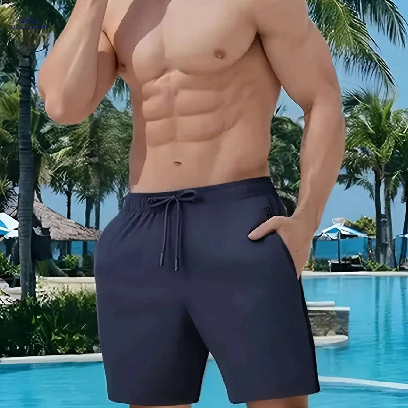 Men's Navy Blue Summer Shorts - Loose-Fit, Elastic Waist Drawstring   OAXG Coffee color / XS
