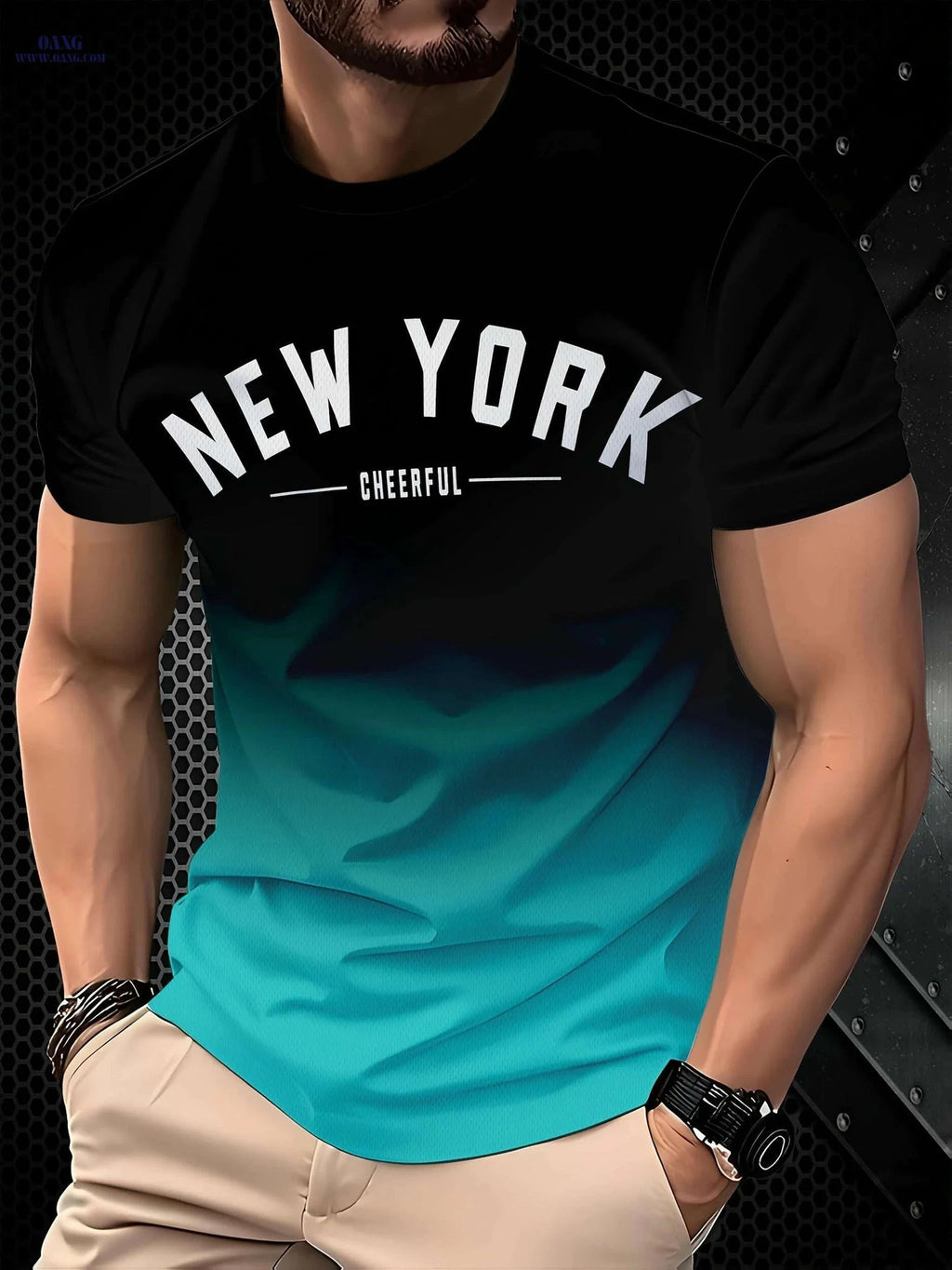 Men's New York 3D Printed T-Shirt - Casual Gradient Style Tee   OAXG Ocean Green / S