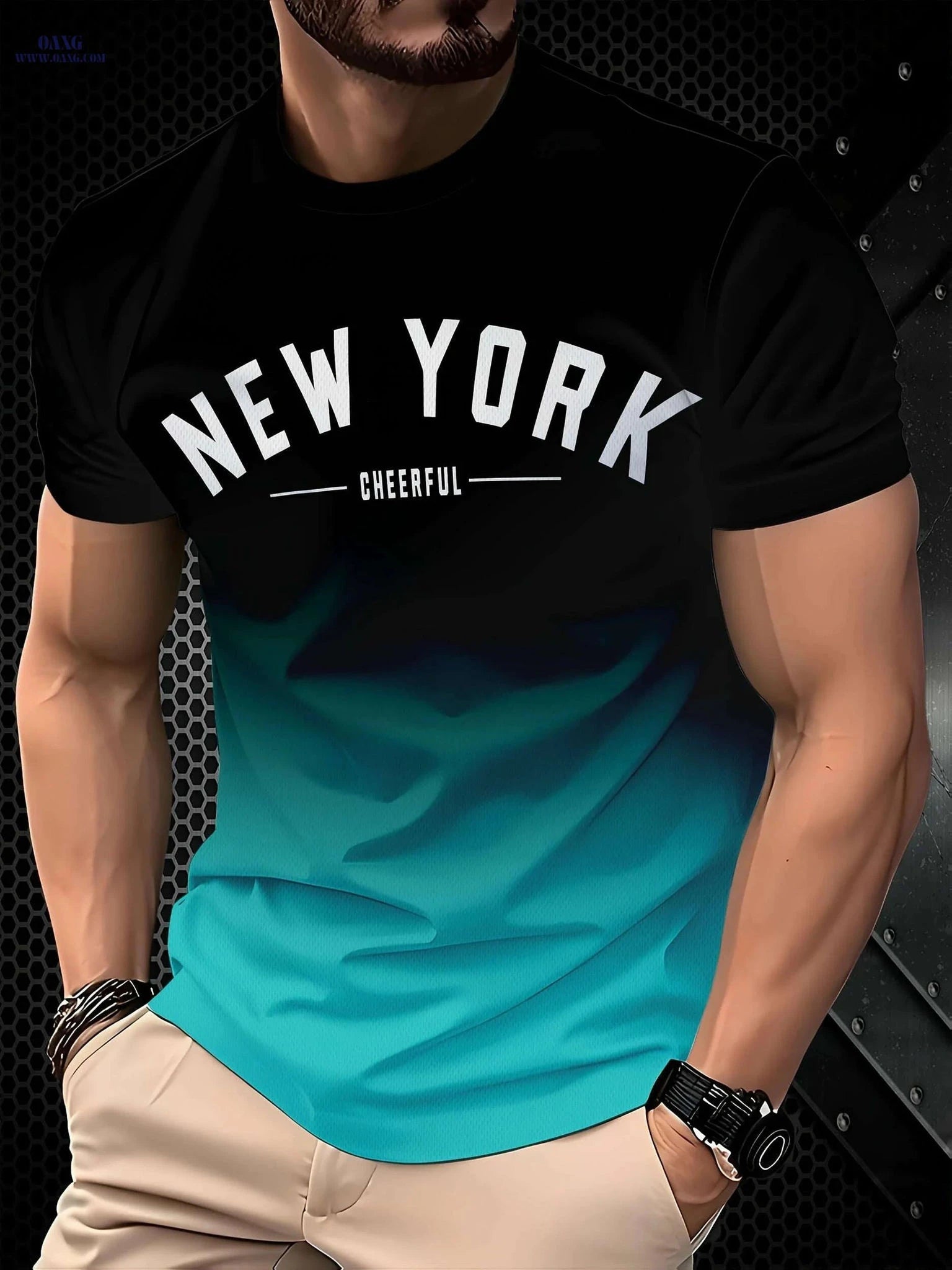 Men's New York 3D Printed T-Shirt - Casual Gradient Style Tee   OAXG Ocean Green / S