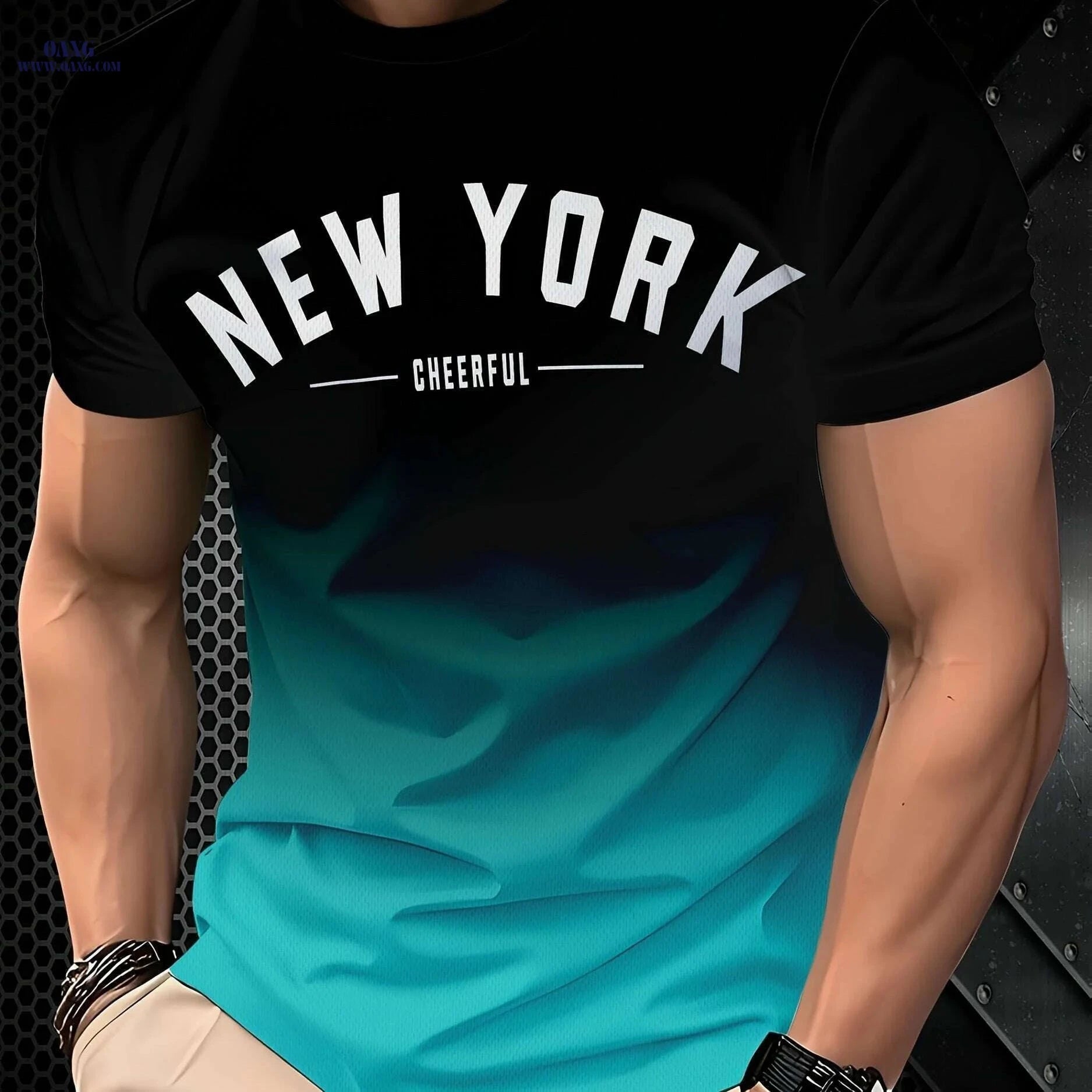 Men's New York 3D Printed T-Shirt - Casual Gradient Style Tee   OAXG Ocean Green / S